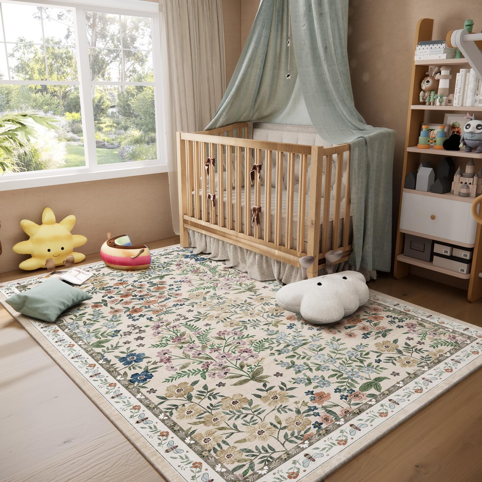 Machine Washable Rugs for Living 5′ x 7′ (Rectangular), Floral-light Beige