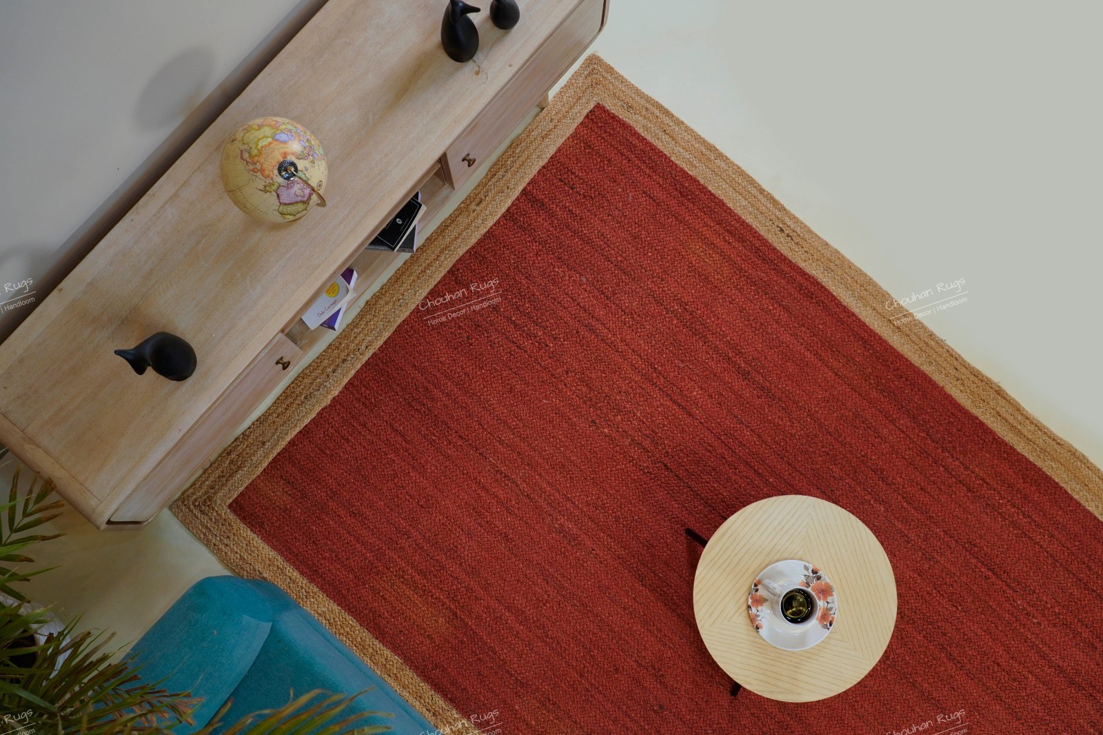 Traditional handmade jute rug solid red with beige border Area Rugs for home