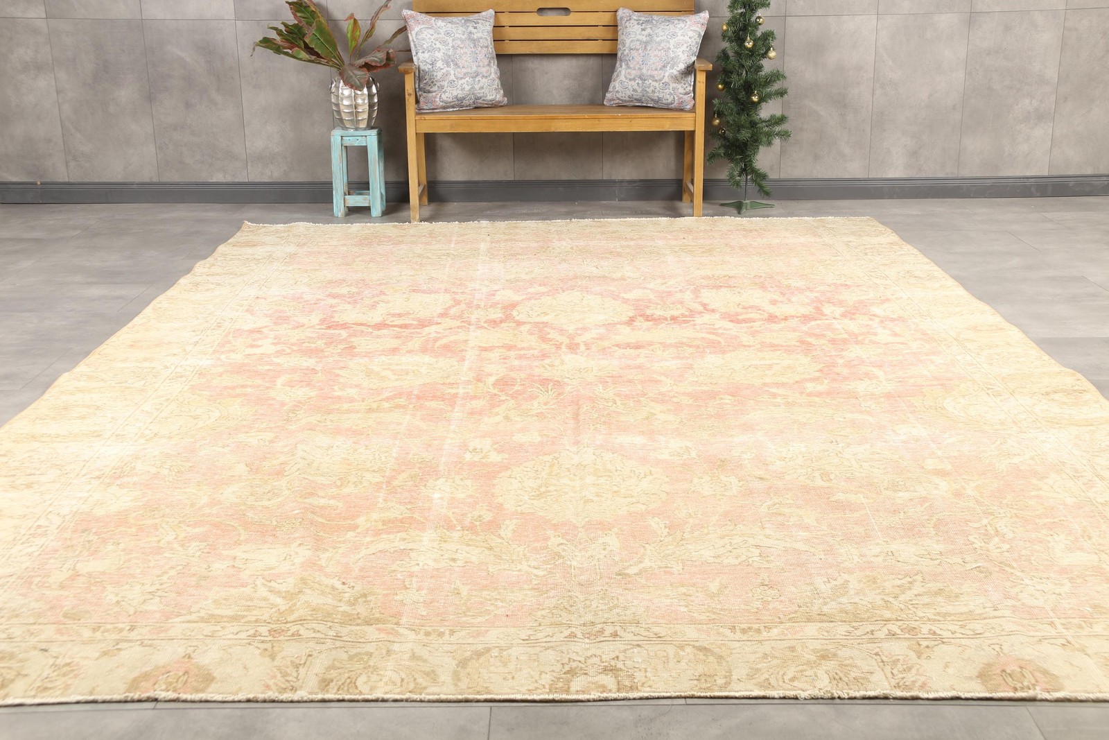 Vintage Rug 8,9×12,9 ft (270×392 cm), Pink Striped Turkish Rug