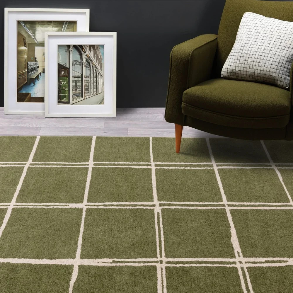 Hand-Tufted Checkered Area Rug Olive – Modern Minimalist Wool for home decor rug
