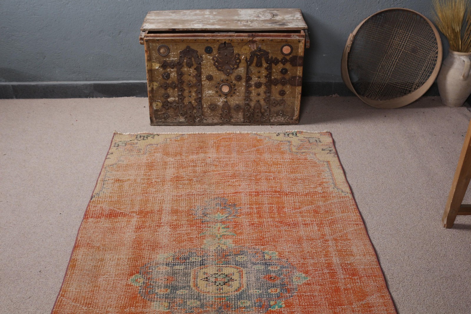 3,7×6,8 ft Turkish Rug, Orange Check Vintage Wool Rug