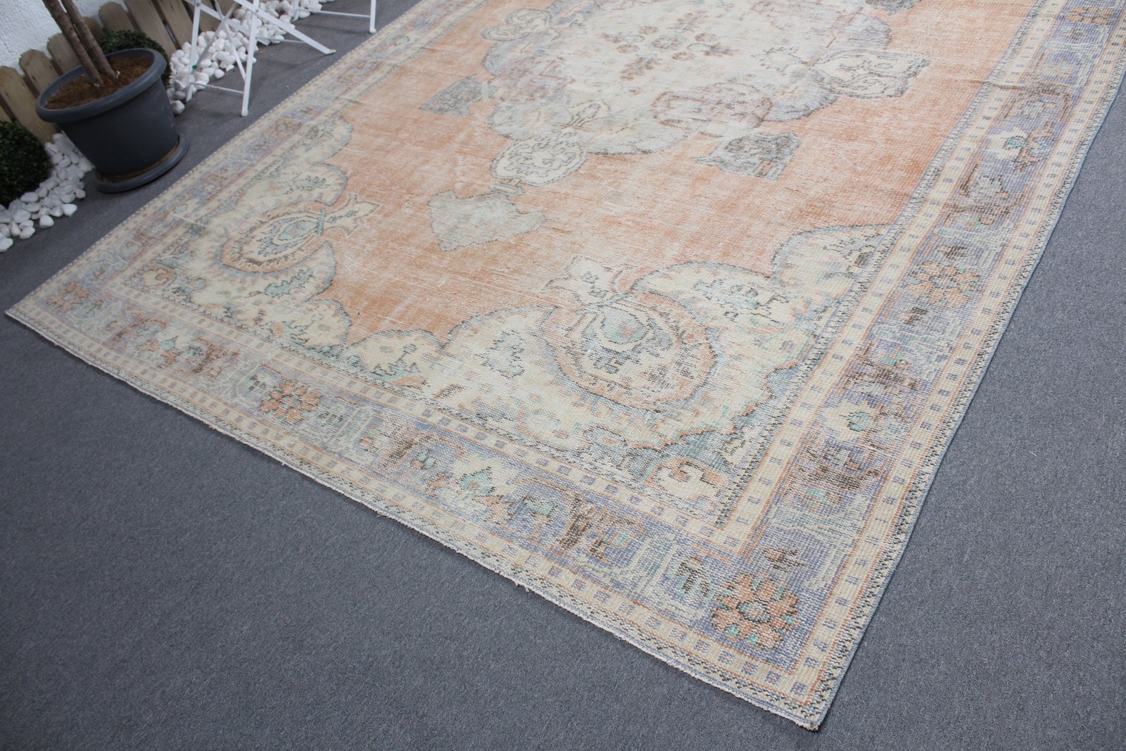 Vintage Rug 7,7×11 ft, Brown Blue Oriental Wool Turkish Rug