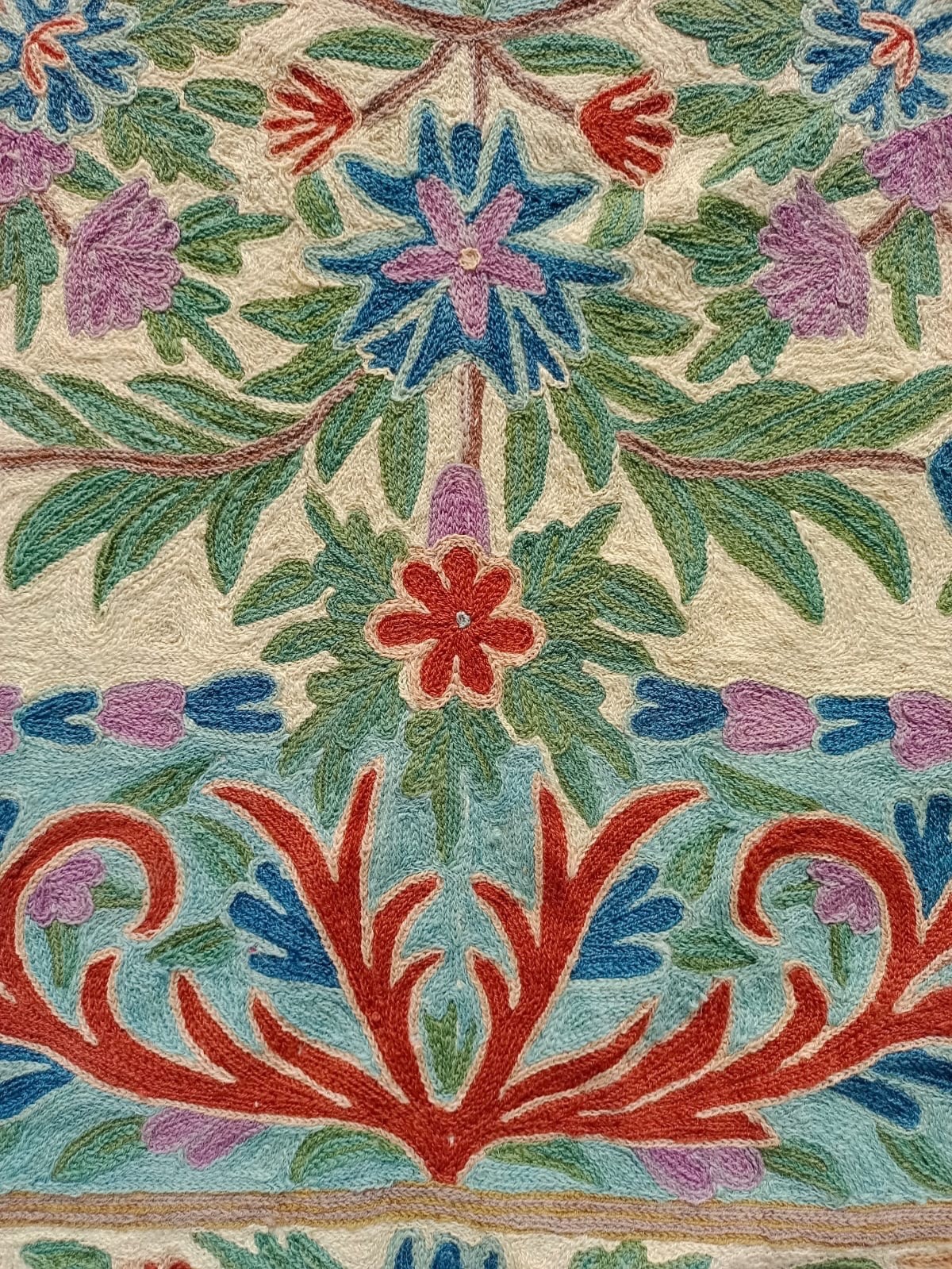 Vintage Fabulous Hand Wool Embroidered Kashmiri Chain Stitch Rug Floor Area