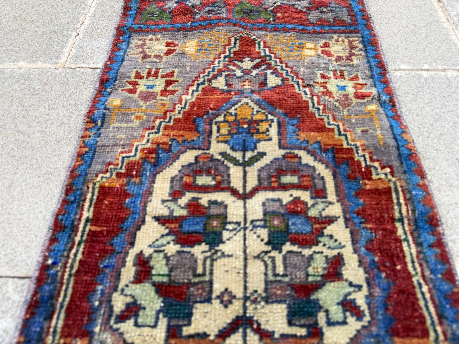 Vintage Turkish Rug 1.3×3.1 ft Faded Red Navy Blue Boho Accent Rug