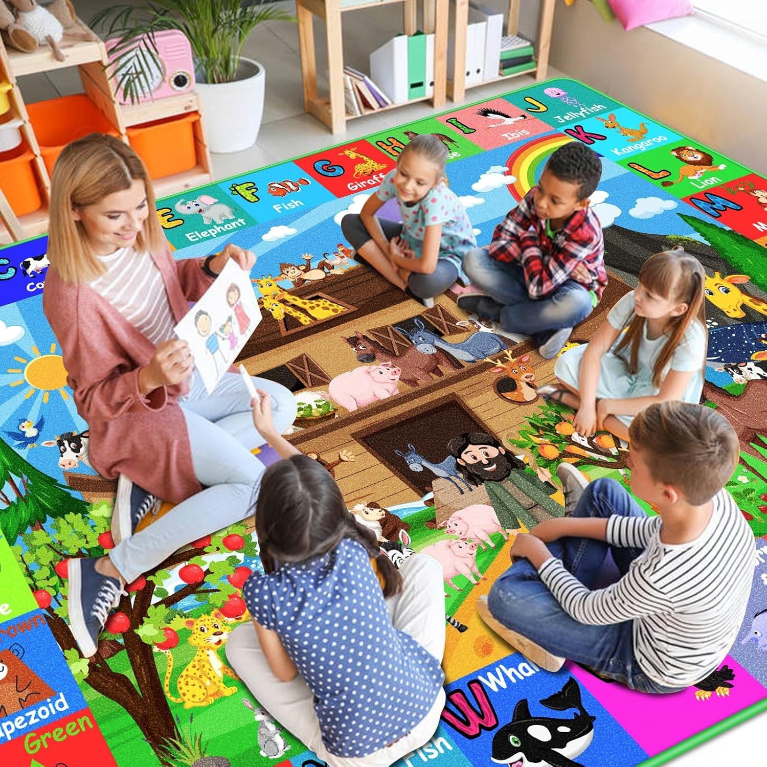 ABC Kids Rug for Playroom 59×39.4 in Noah’s Ark Animals Rug Baby Play Mat