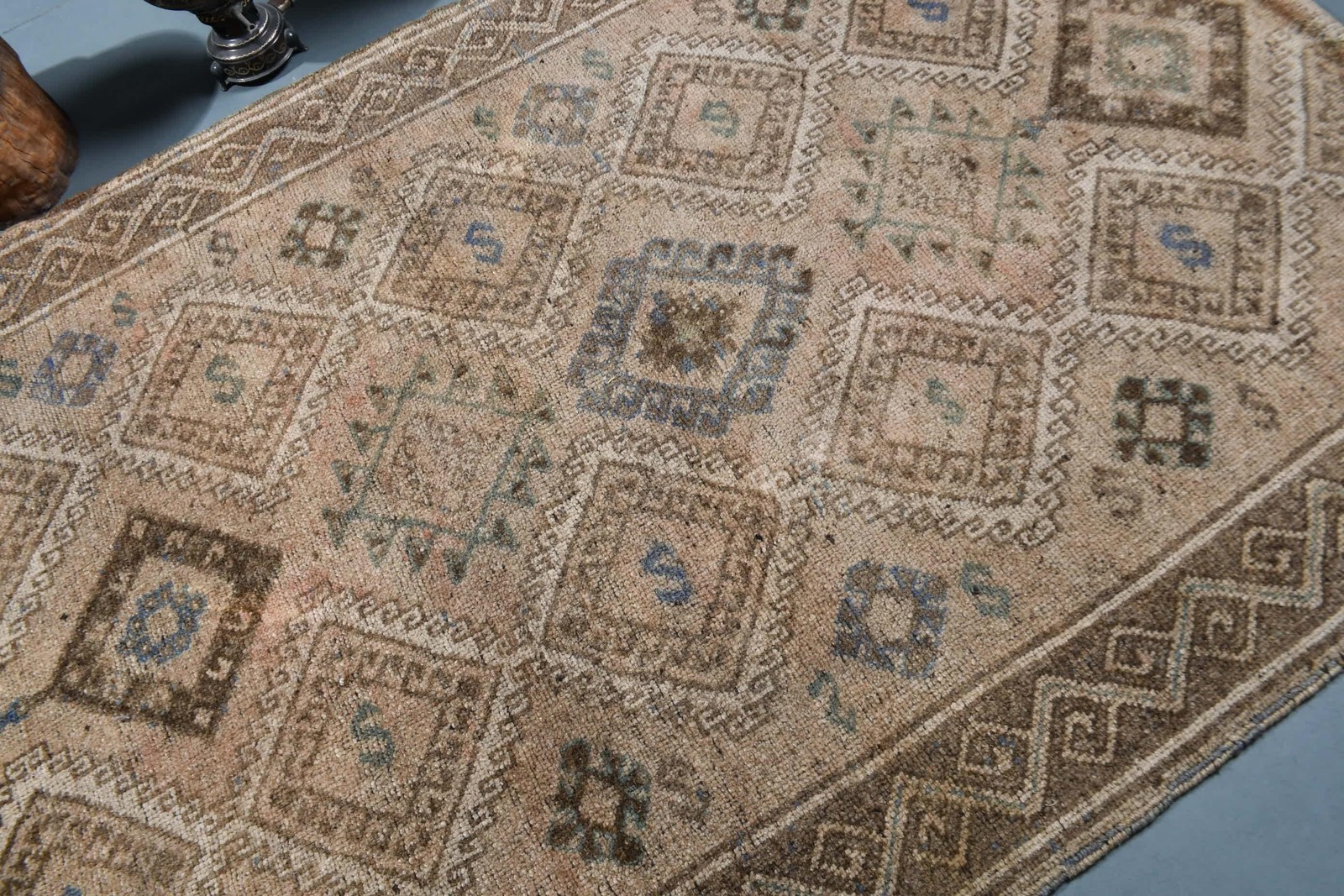 Turkish Vintage Rug, 5,3×8,2 ft Rug, Brown Blue Polka dot Rug