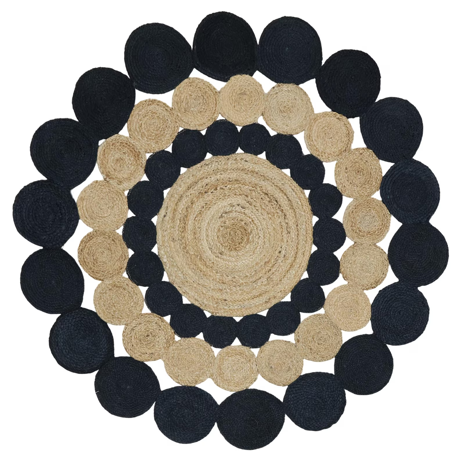 Scallop Round Cotton Jute Rug Beige Black 3×3 4×4 5×5 ft, Hand Braided Boho Area