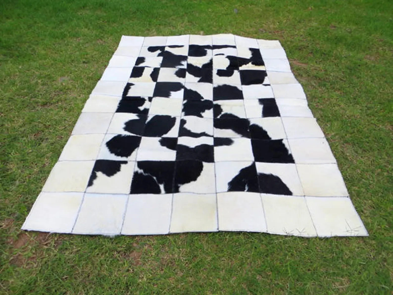 Handmade Patchwork Cowhide Rug Black White Brown Hair On Hide Leather Area Rug