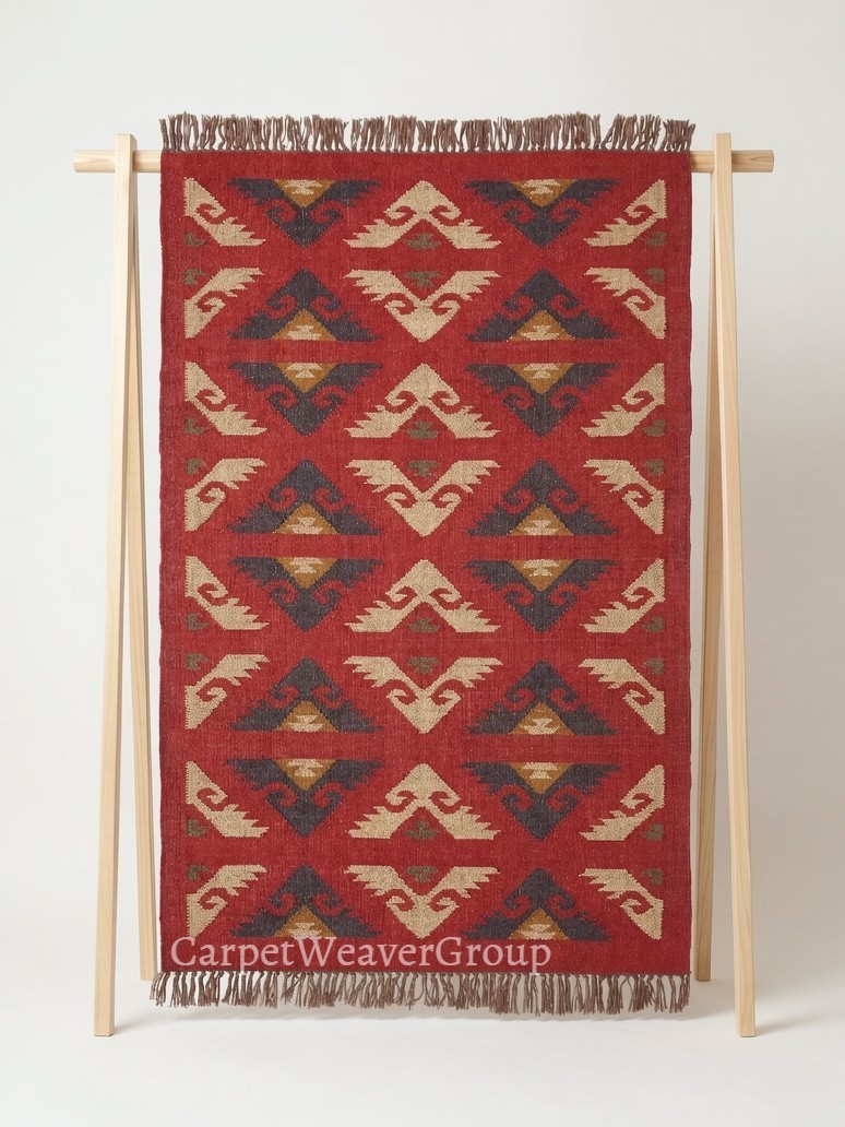 Handwoven Wool Jute Kilim Rug with Tribal Diamond Motifs- Rustic Bohemian Accent