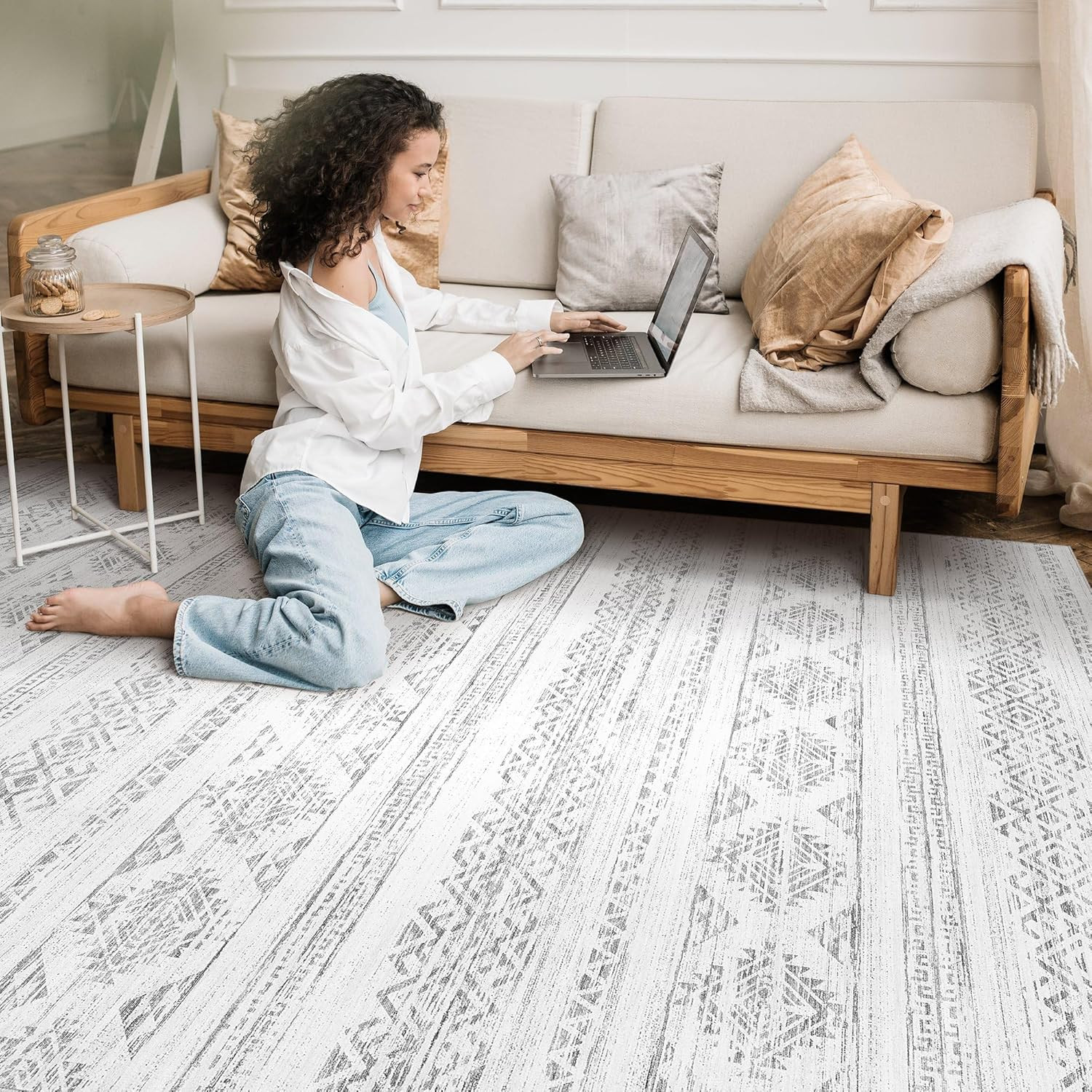 Area Rug Living Room Rugs – 10X14 Washable Large Soft Neutral Boho Moroccan Bohe