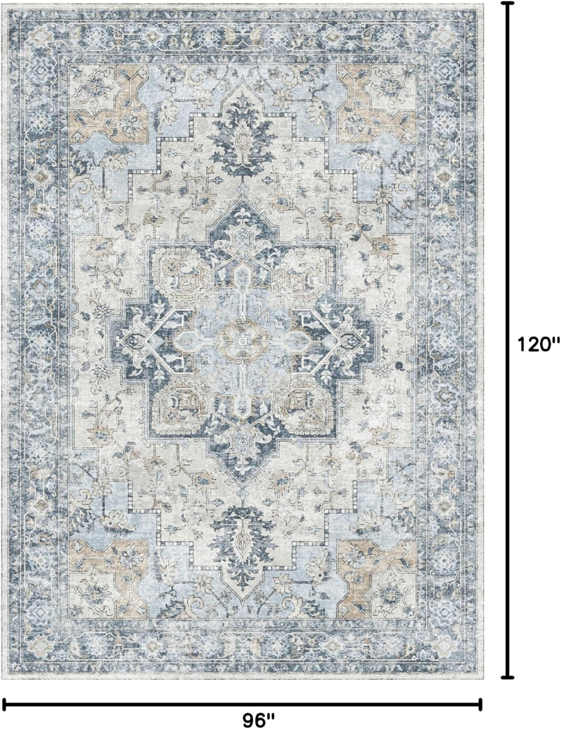 Vintage 8X10 Machine Washable Non-Slip Area Rug for Living Room & Bedroom