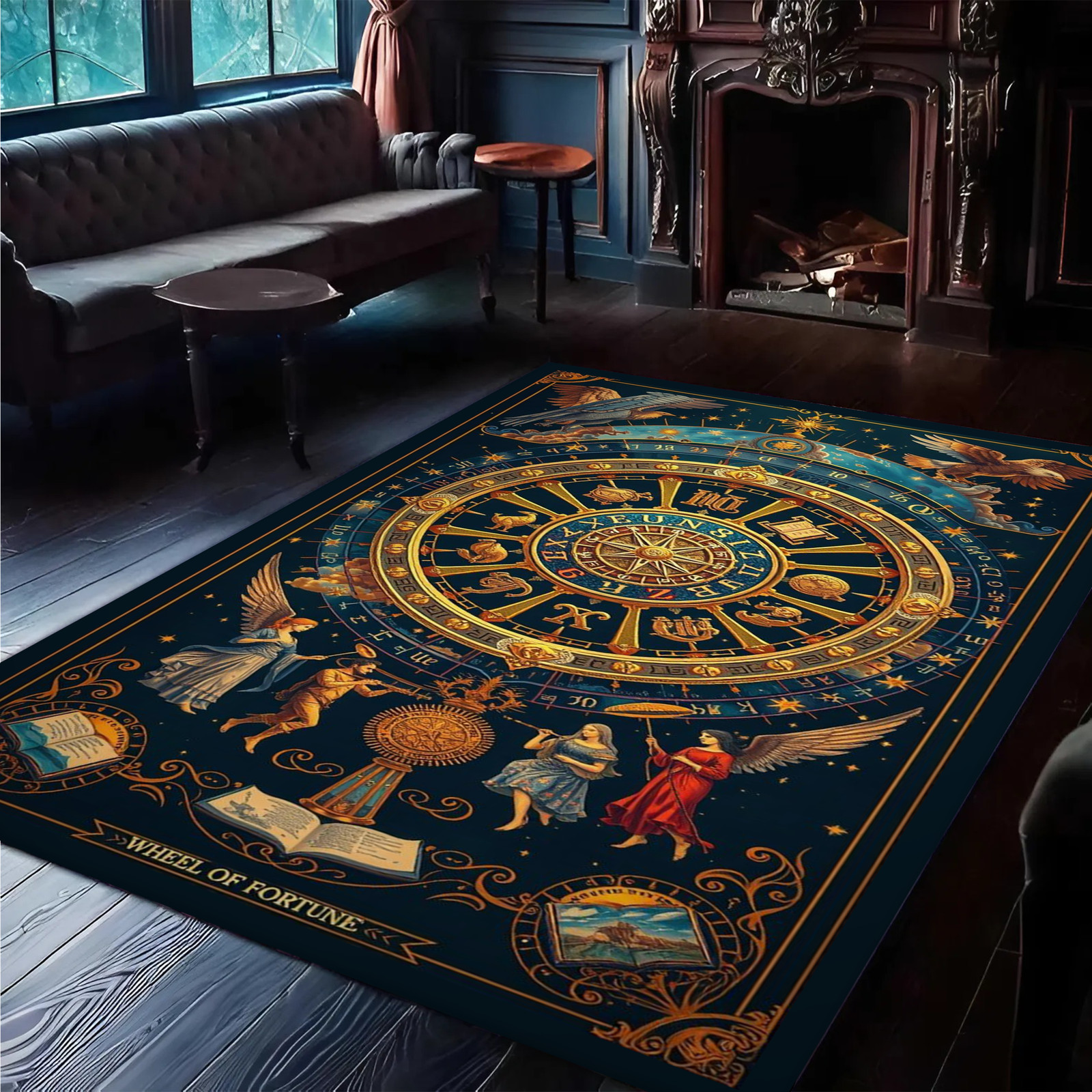 Rectangular Rug with Zodiac Wheel and Mythical Figures in Gold and Blue