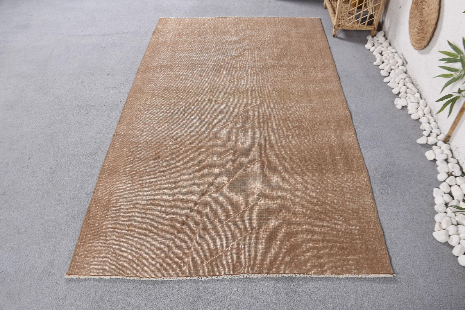 3,9×6,6 ft Area Turkish Vintage Rug, Beige Floral Wool Rug