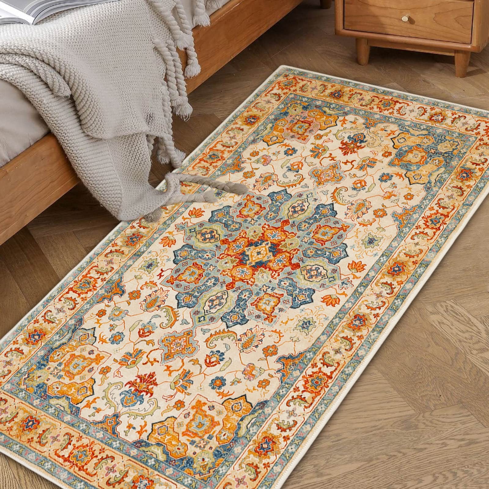 Boho Distressed Area Rug 2′ x 4′, Machine Washable Faux Wool Non-Slip Small R…