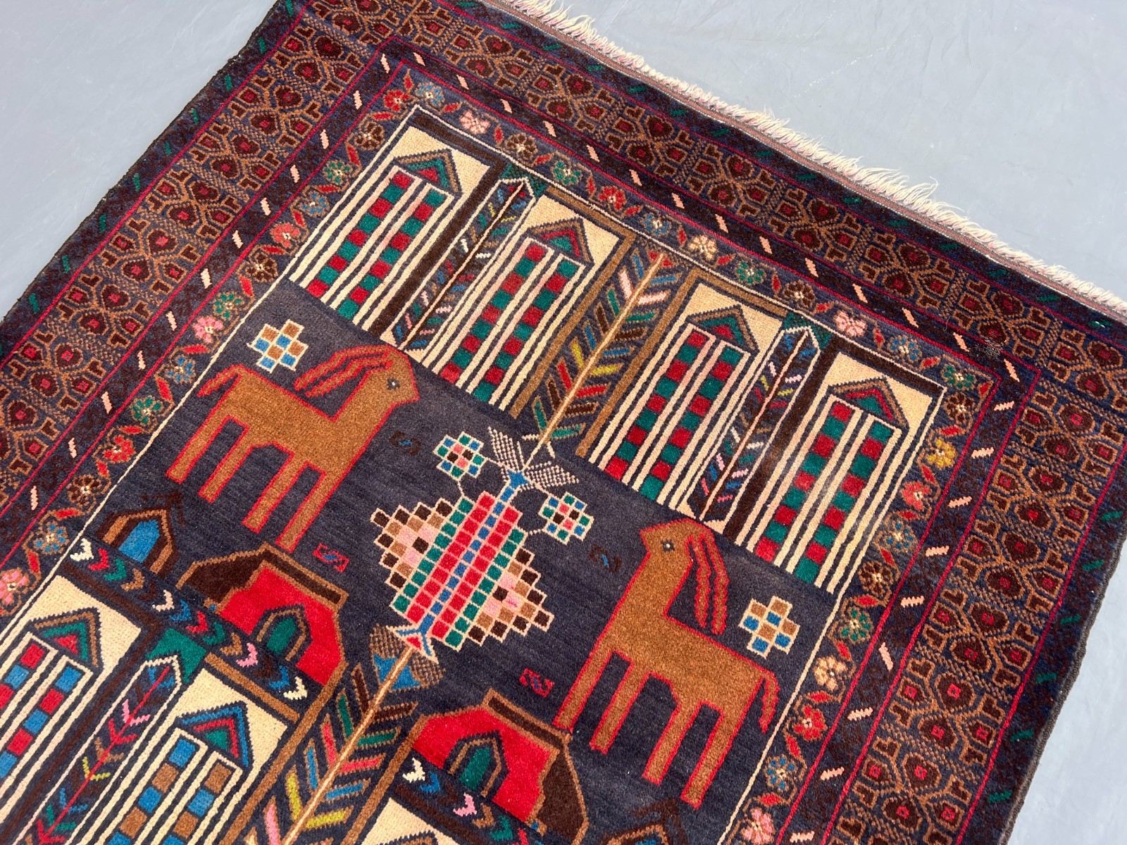 3×6 Rare Baluchi Pictorial Rug Afghan Wool Carpet Animal Village Folk Art Decor