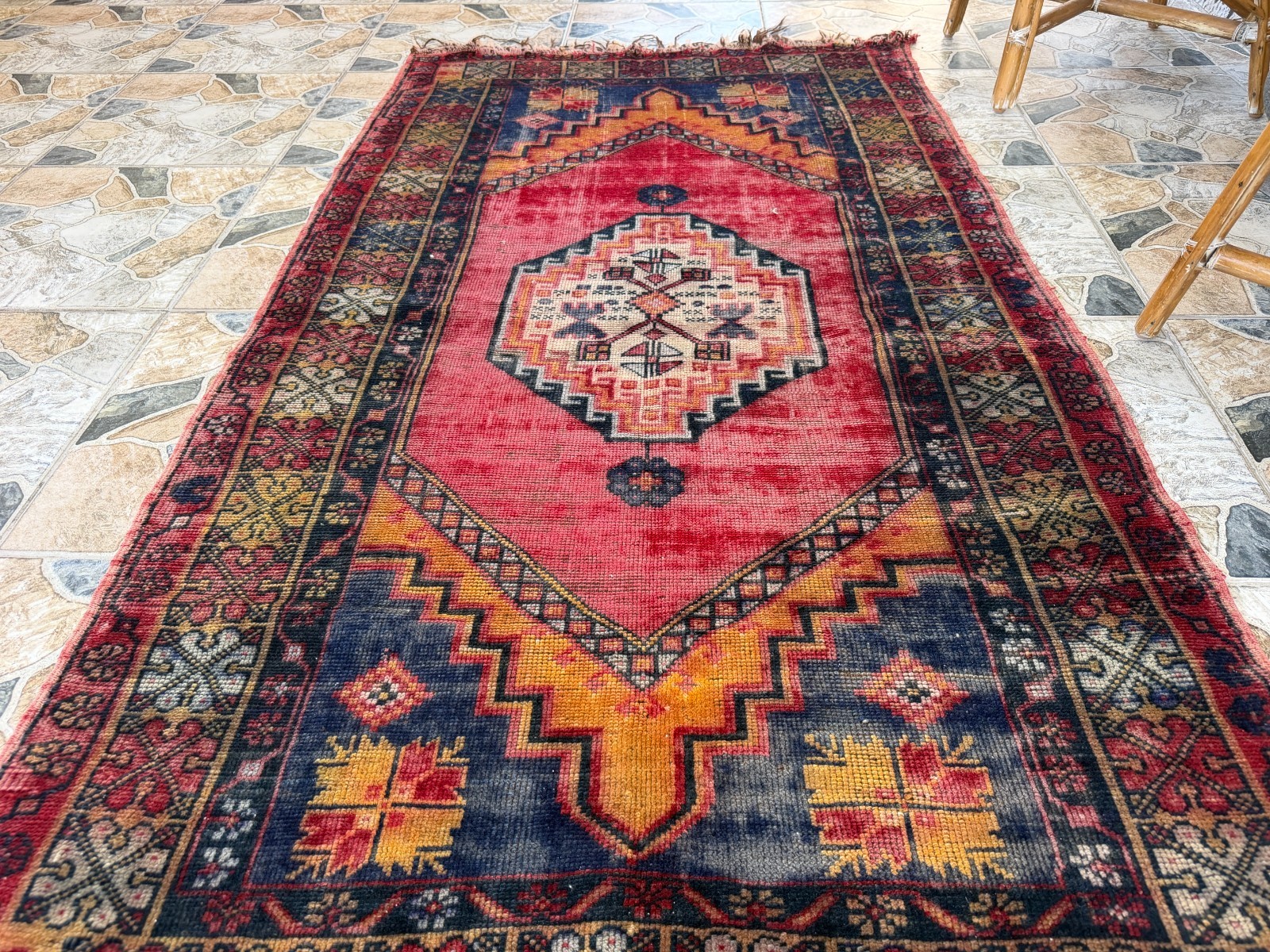 1980s Geometric Turkish Vintage Rug, Distressed Handmade Anatolian Wool Area 4×6