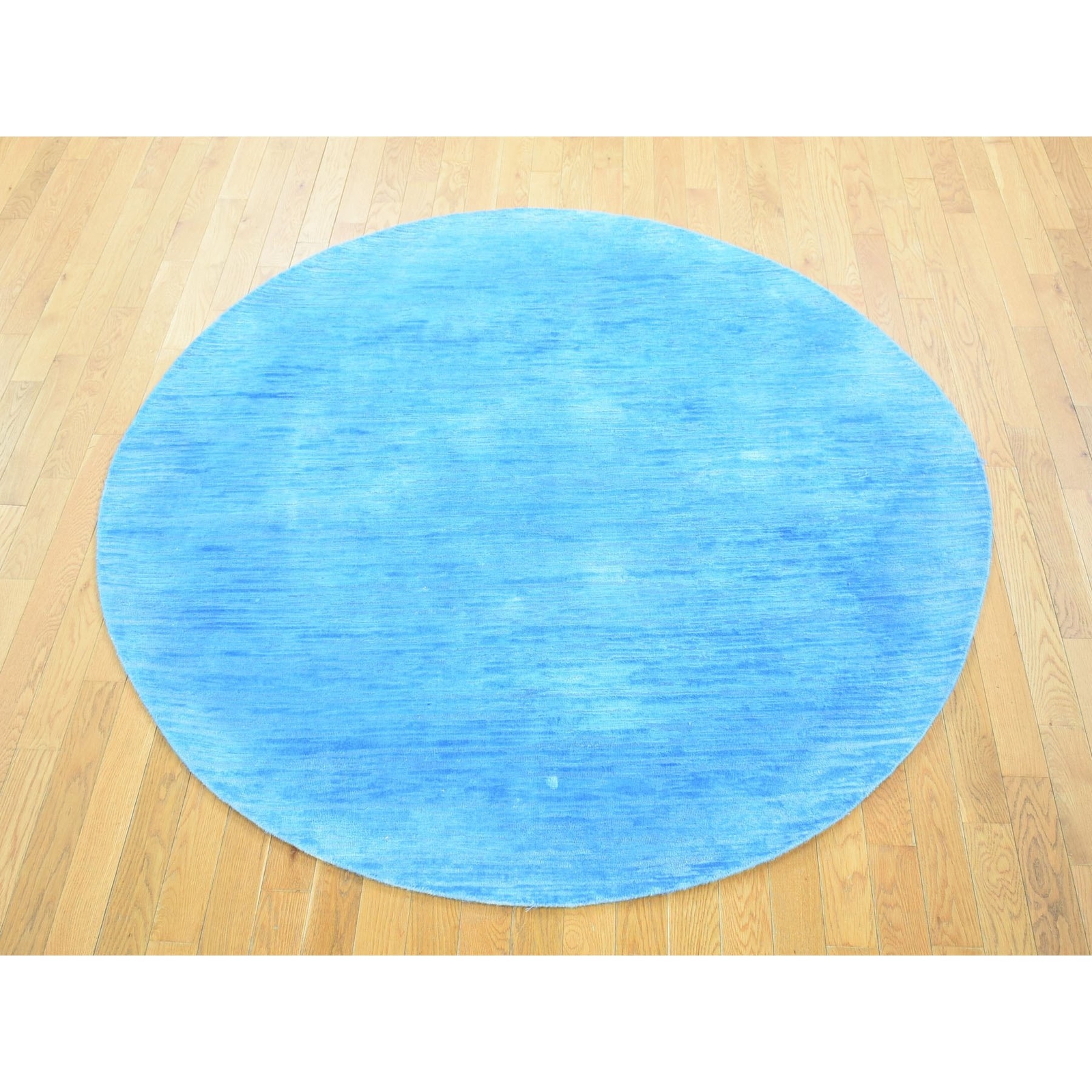 6’1″x6’1″ Blue Overdyed Stripe Design Wool Hand Knotted Round Rug R80523