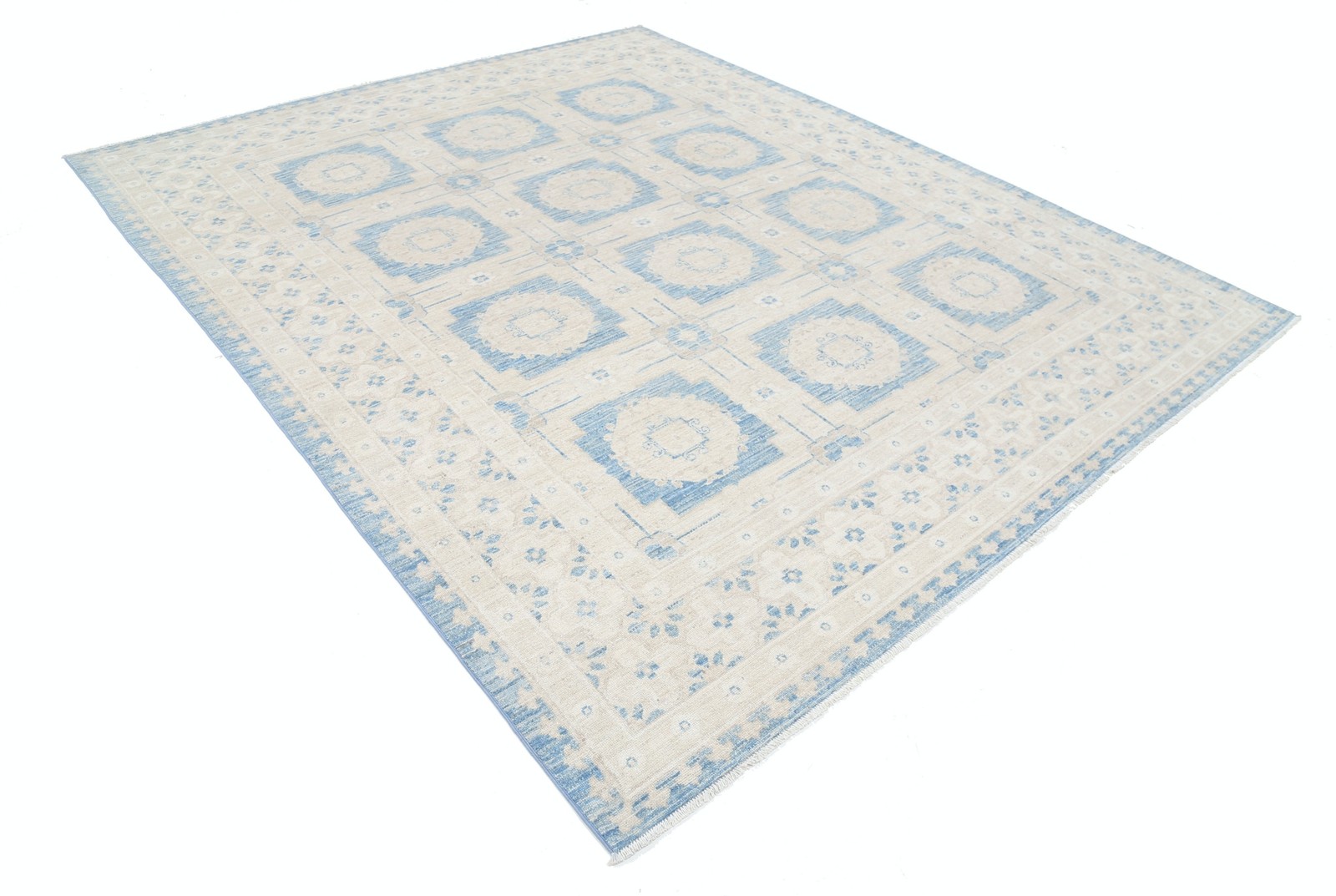 8×9.8 ft Handknotted Light Blue and Ivory Rug. Traditional Floral Pattern Carpet