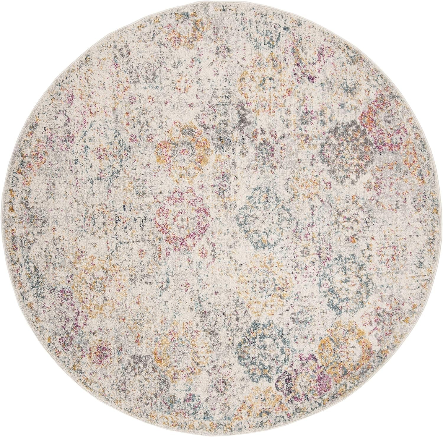 Madison Collection 3′ Round Grey / Gold Boho Chic Floral Medallion Trellis Di…