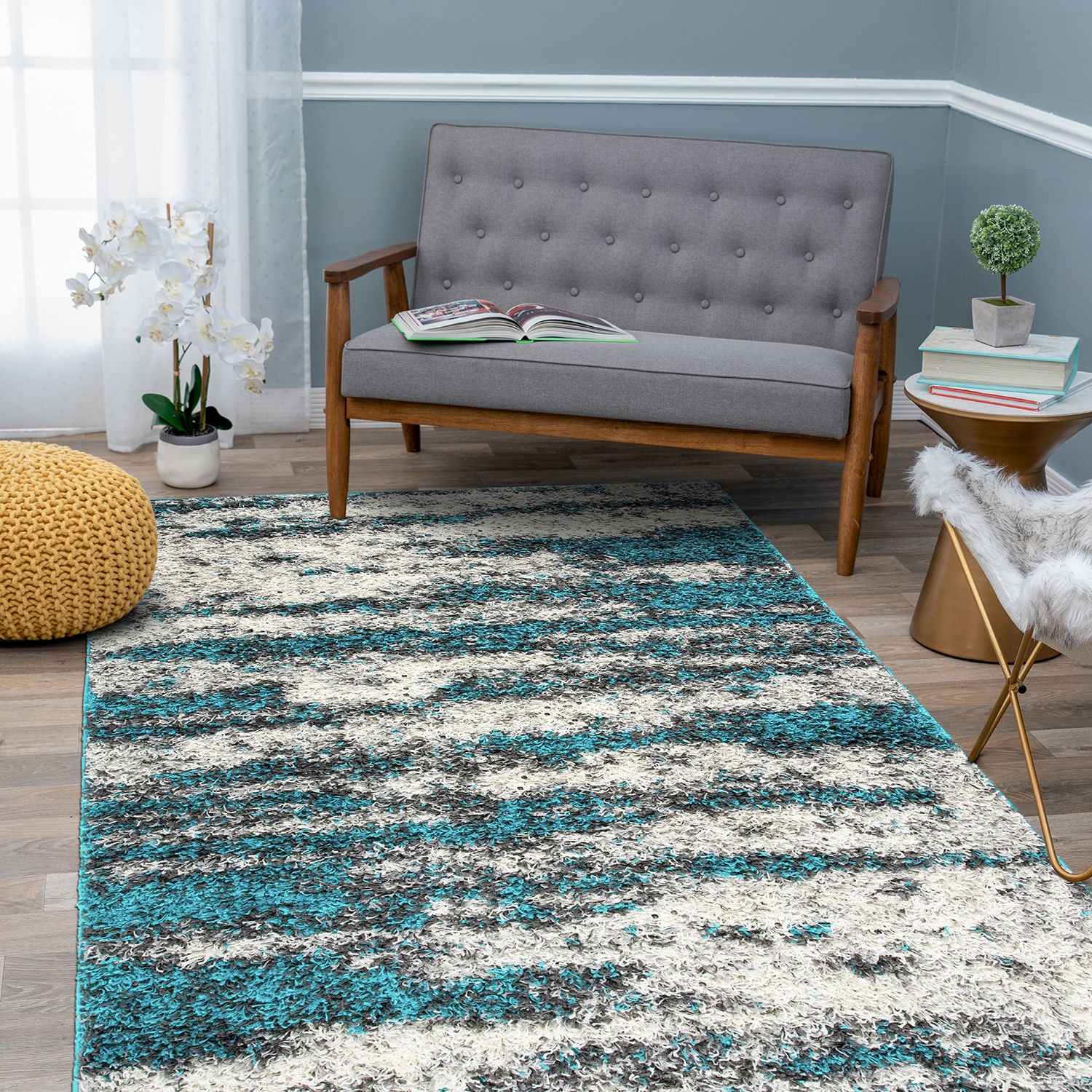 Rugshop Area Rug Modern Abstract Design Plush Shag Rugs Turquoise Rug 5×7 Carpet
