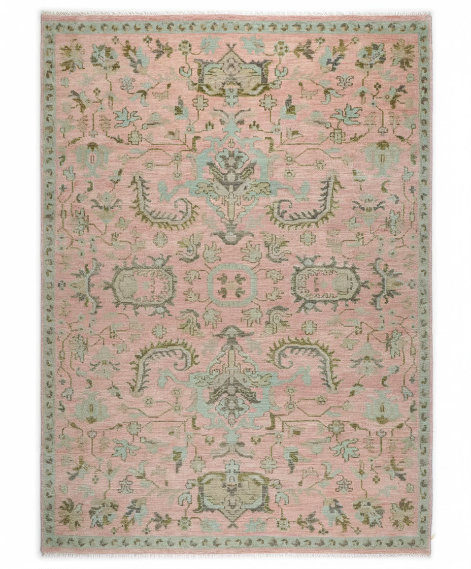 Hand Knotted Oushak Style Wool Rug – Soft Blush Pink & Sage Green Vintage Floral