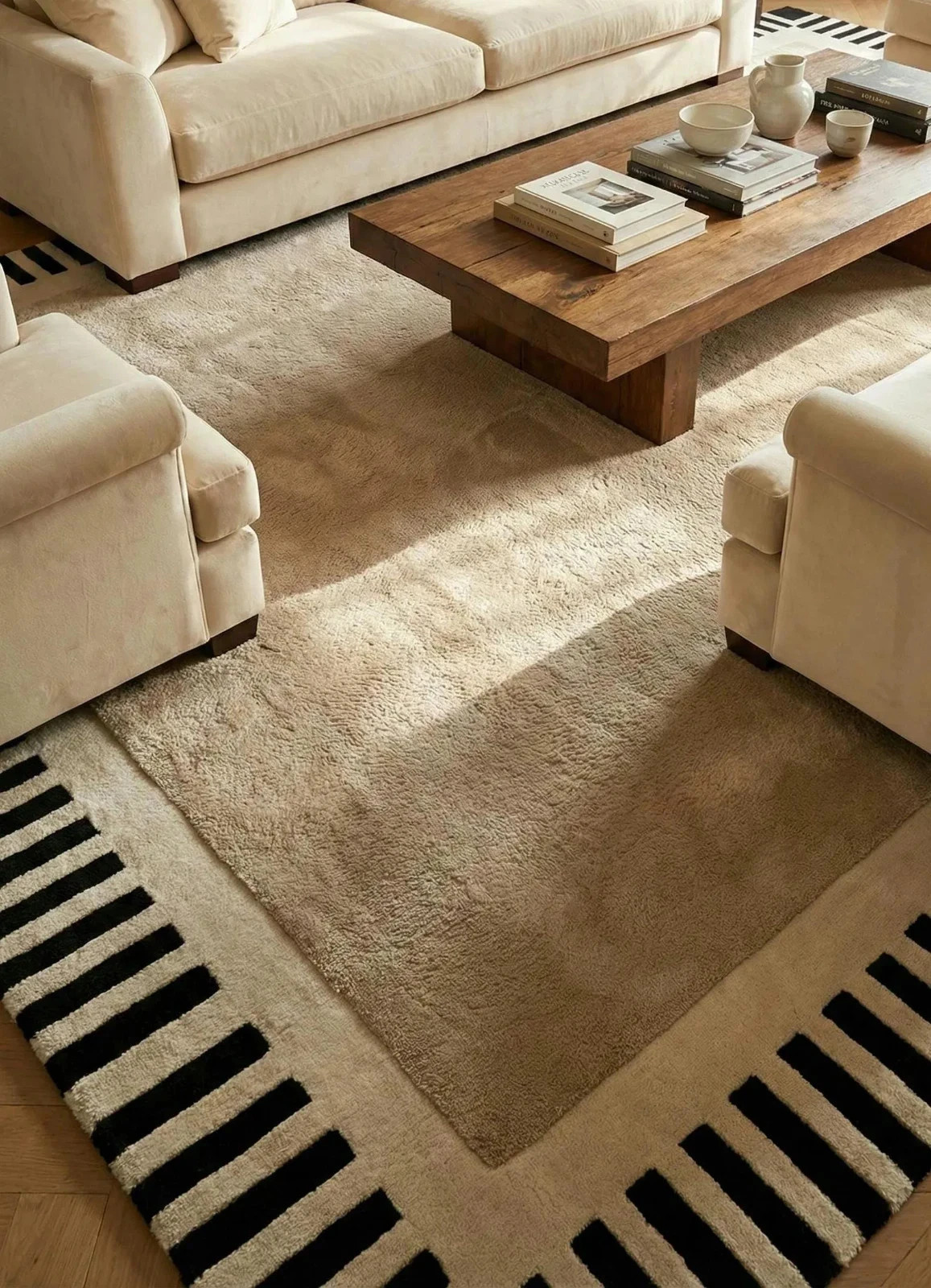 Hand Tufted Wool Area Rug, Modern Neutral Beige Carpet with Black Border 8×10 ft