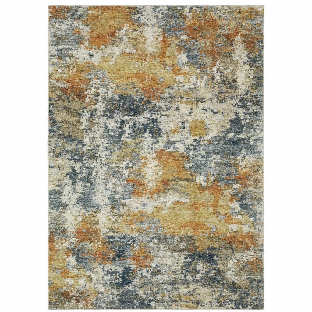 8′ X 10′ Teal Blue Orange Gold Grey Tan Brown And Beige Abstract Printed Stain