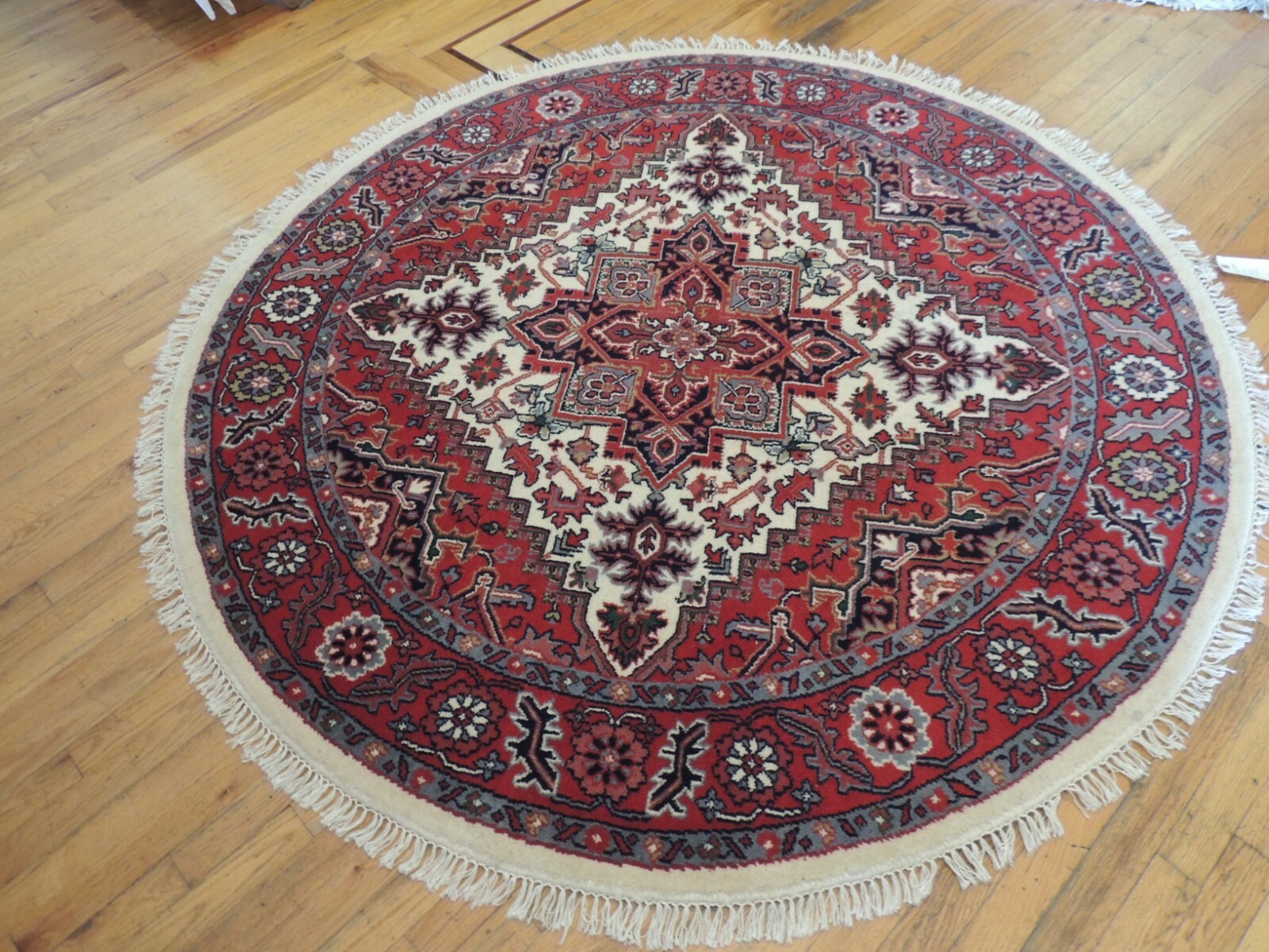 6×6 ROUND Herize Area Rug wool hand-knotted Red Ivory Gray/Blue Green