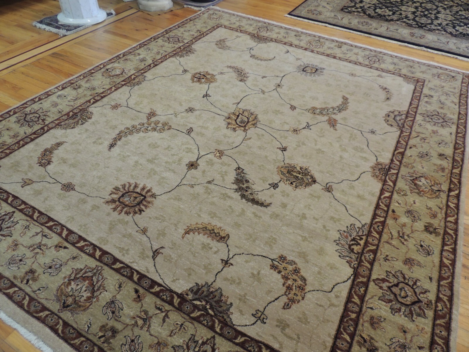 8×10 Kashaan leaf inlay Oriental rug wool knotted Rust Brown Gold Green Beige