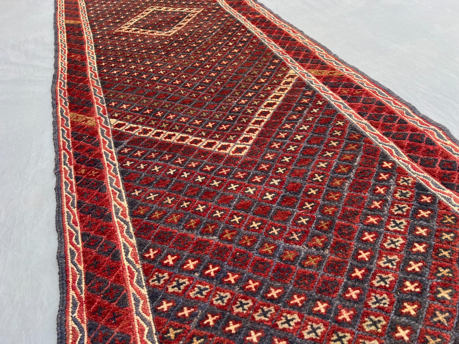 2’1 x 9’2 Ft Classic Afghan Mishwani Runner Rug – Deep Red Geometric Pattern Rug