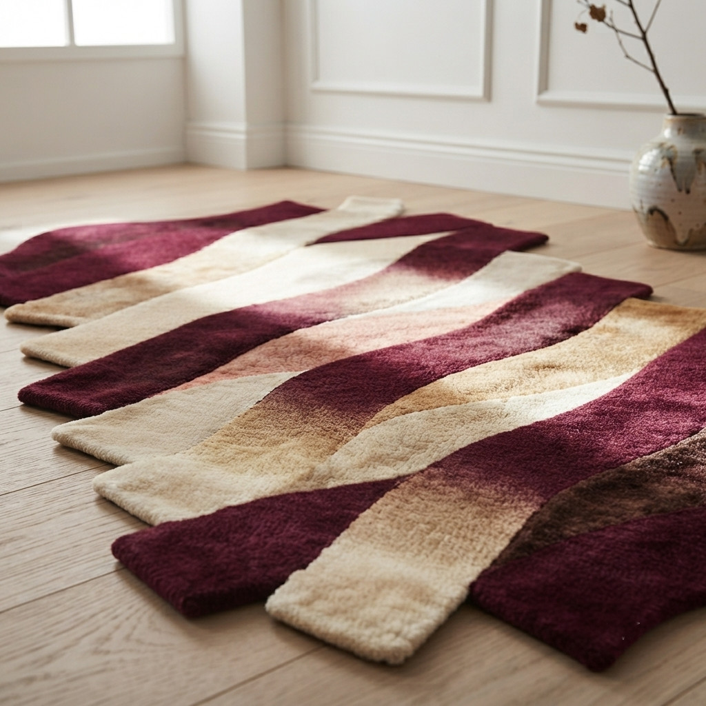 Modern Abstract Burgundy Wool Rug Hand Tufted Irregular Area Rugs Ivory Carpet