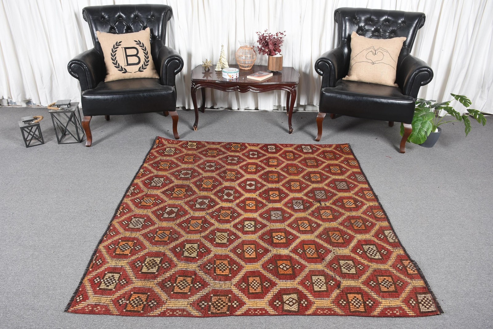 Turkish Kilim Area Rug 5,7×5,2 ft (173×159 cm), Vintage Red Ikat Rug