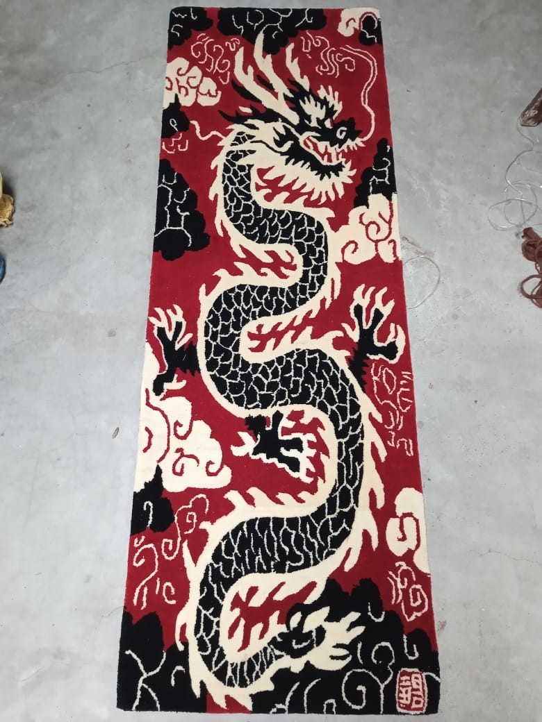Hand Tufted Wool Dragon Runner Rug 2×6 Ft Red Black Off-White Tibetan Style