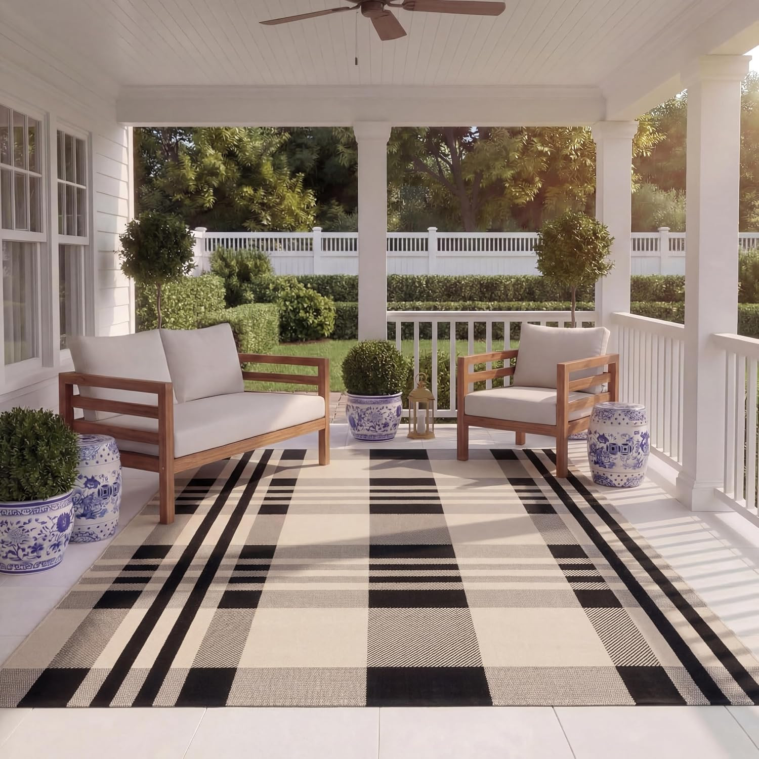 Courtyard Collection 8′ x 11′ Waterproof Plaid Area Rug for Indoor/Outdoor Use