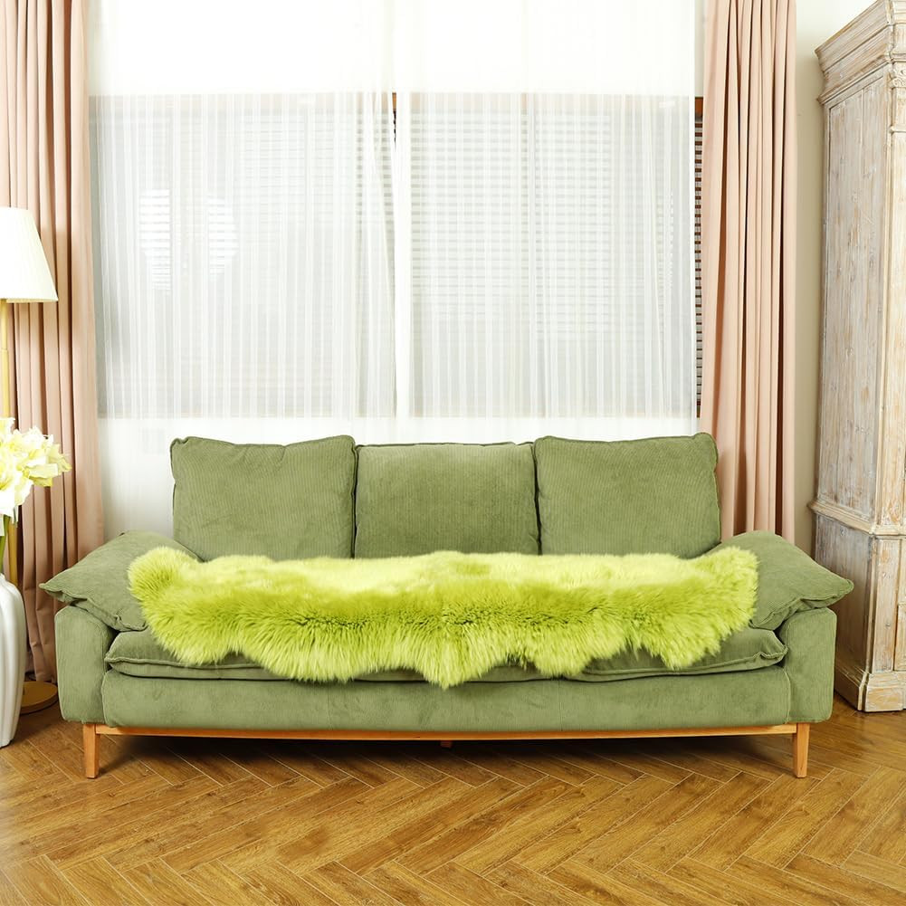 Fluffy Pea Green Genuine Sheepskin Rug 2×6 Ft for Living Room & Bedroom