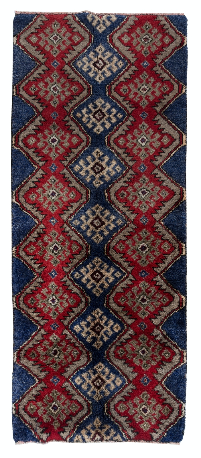3.5×8.4 Ft Vintage Hand Knotted “Tulu” Rug in Blue, Red & Light Brown. 100% Wool