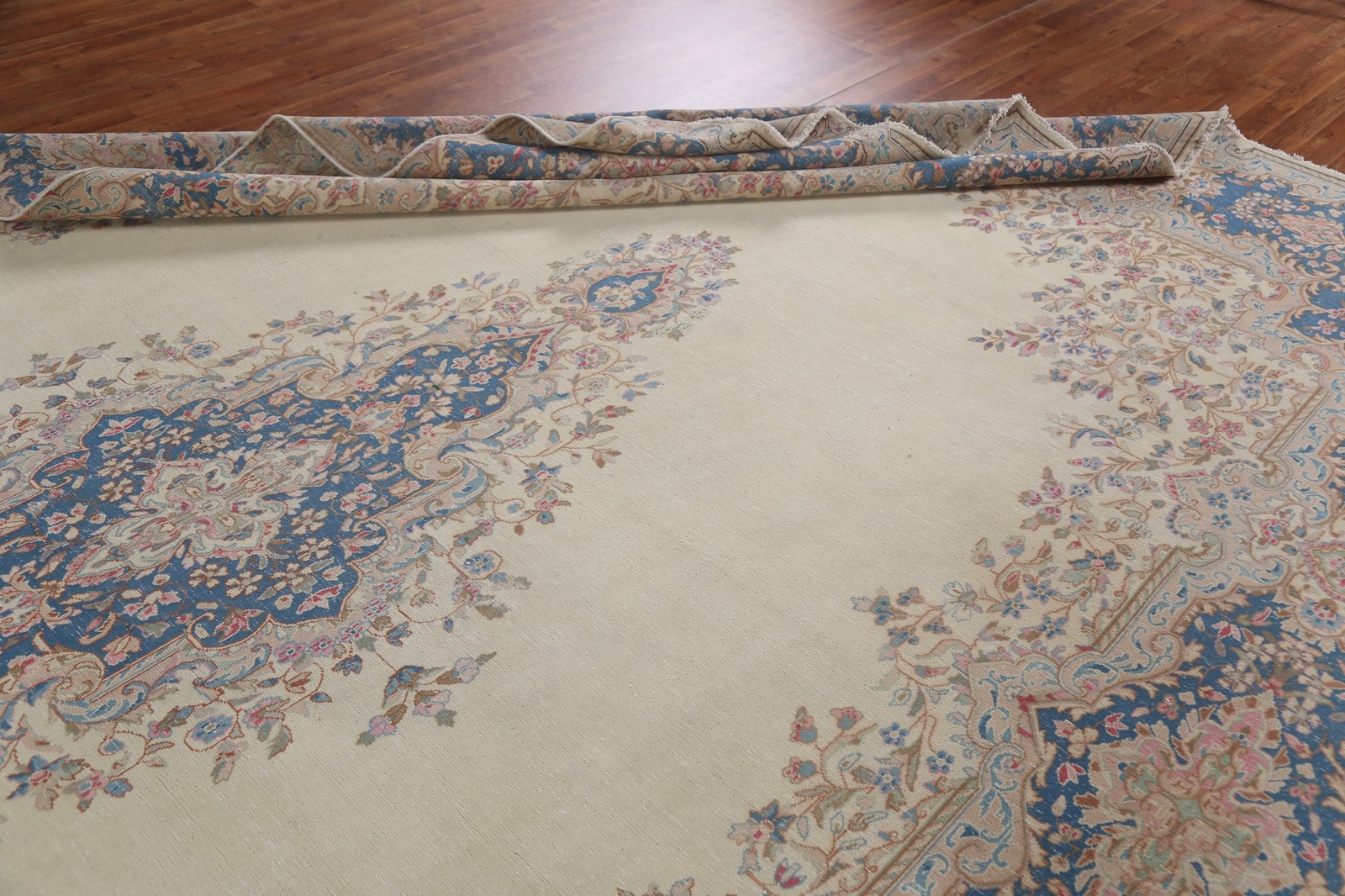 Vintage Ivory/ Blue Wool Medallion Kirman Traditional Handmade Area Rug 10×14