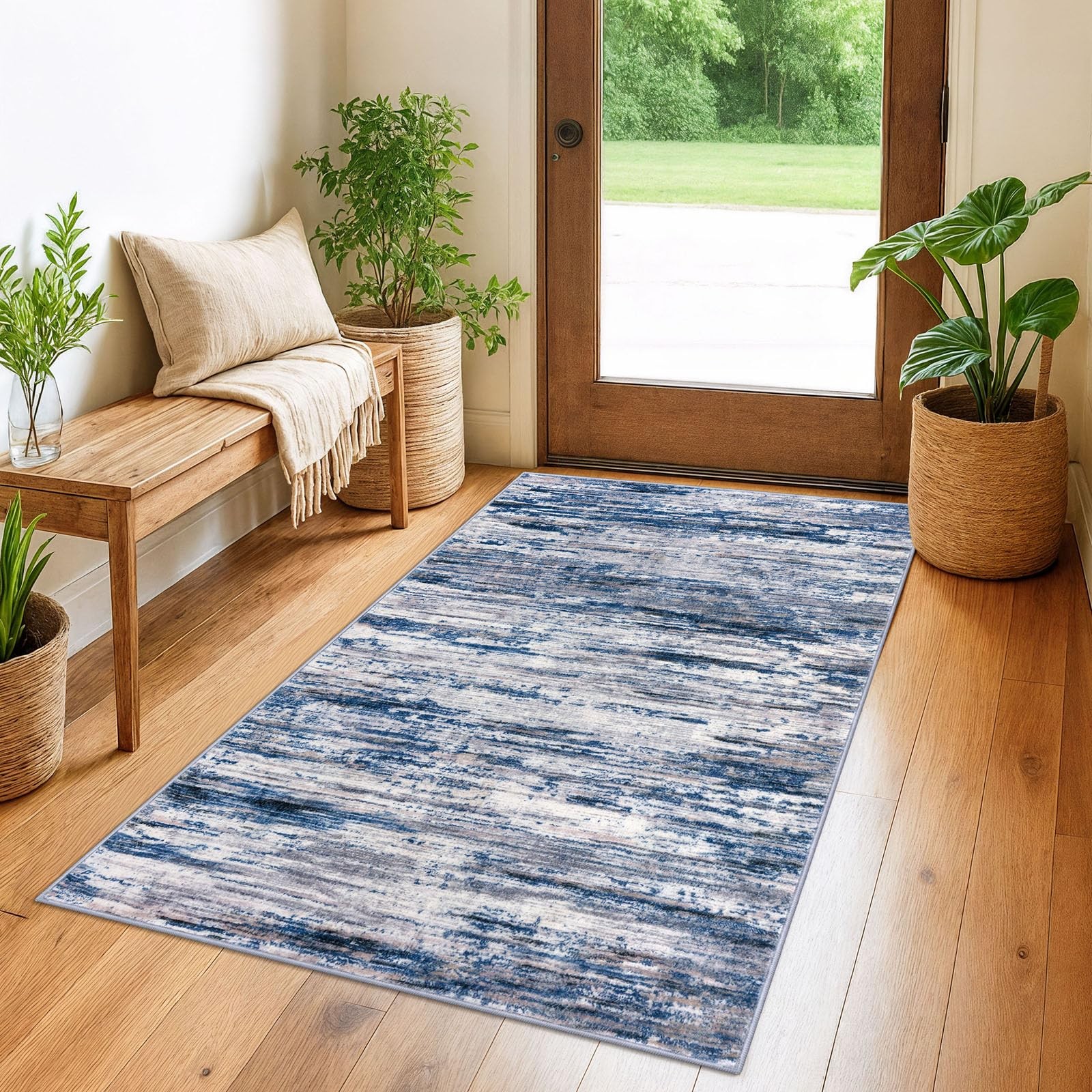 3×5 Modern Abstract Area Rug for Entryway, Navy Blue Gray Neutral Multi Super So