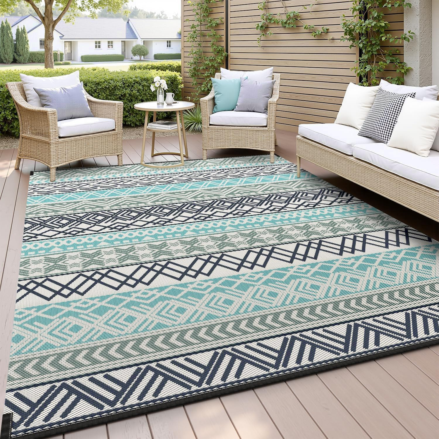 Montvoo Outdoor Rug Carpet Waterproof-Patio Rug Mat 5X8 Reversible RV Outdoor Ca