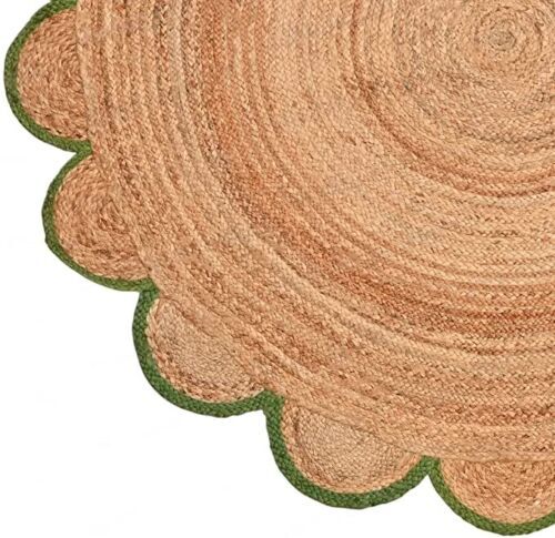 Rug Round Jute Scallop Design Natural Floors Rug Beige With Green Handmade