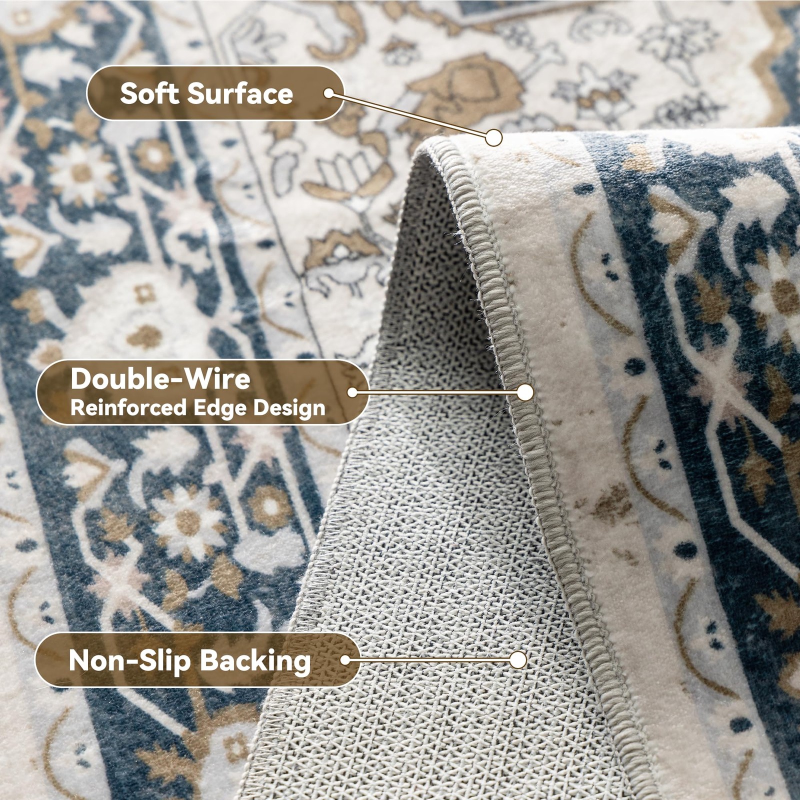 8×10 Area Rug Boho Non Slip Washable Low Pile Stain Resistant Blue Brown