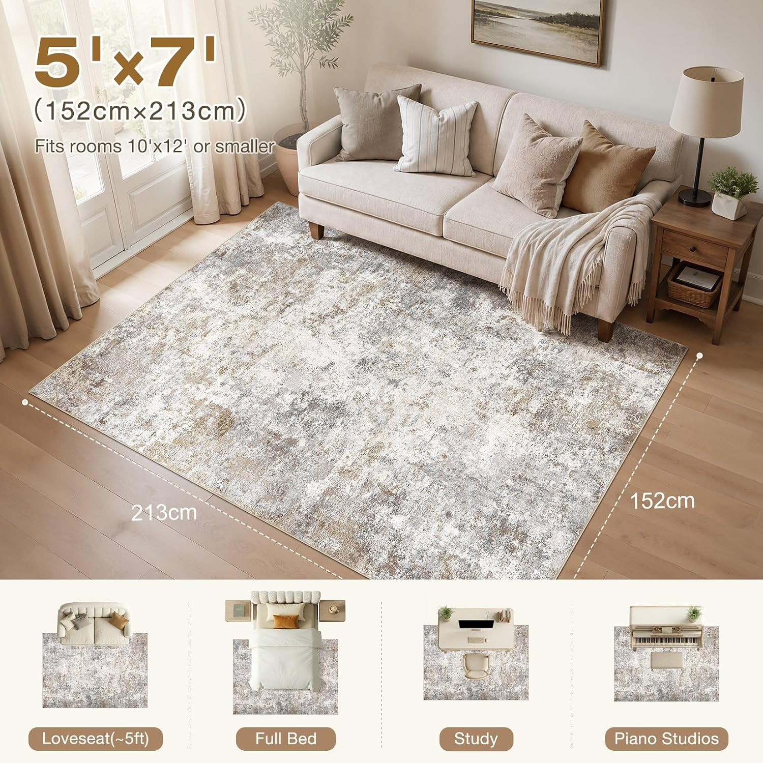 UERMEI 5X7 Area Rug Living Room Rugs – Washable Neutral Modern Abstract Soft Thi