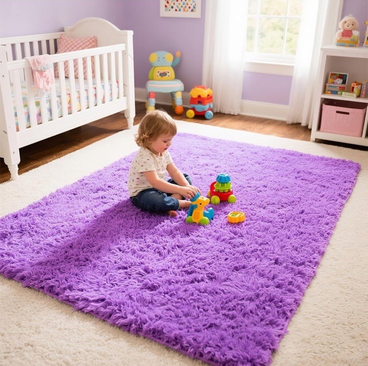 Purple Shaggy Area Rug – 5×8 ft Plush Soft Fluffy Carpet – Girls Room/Nursery