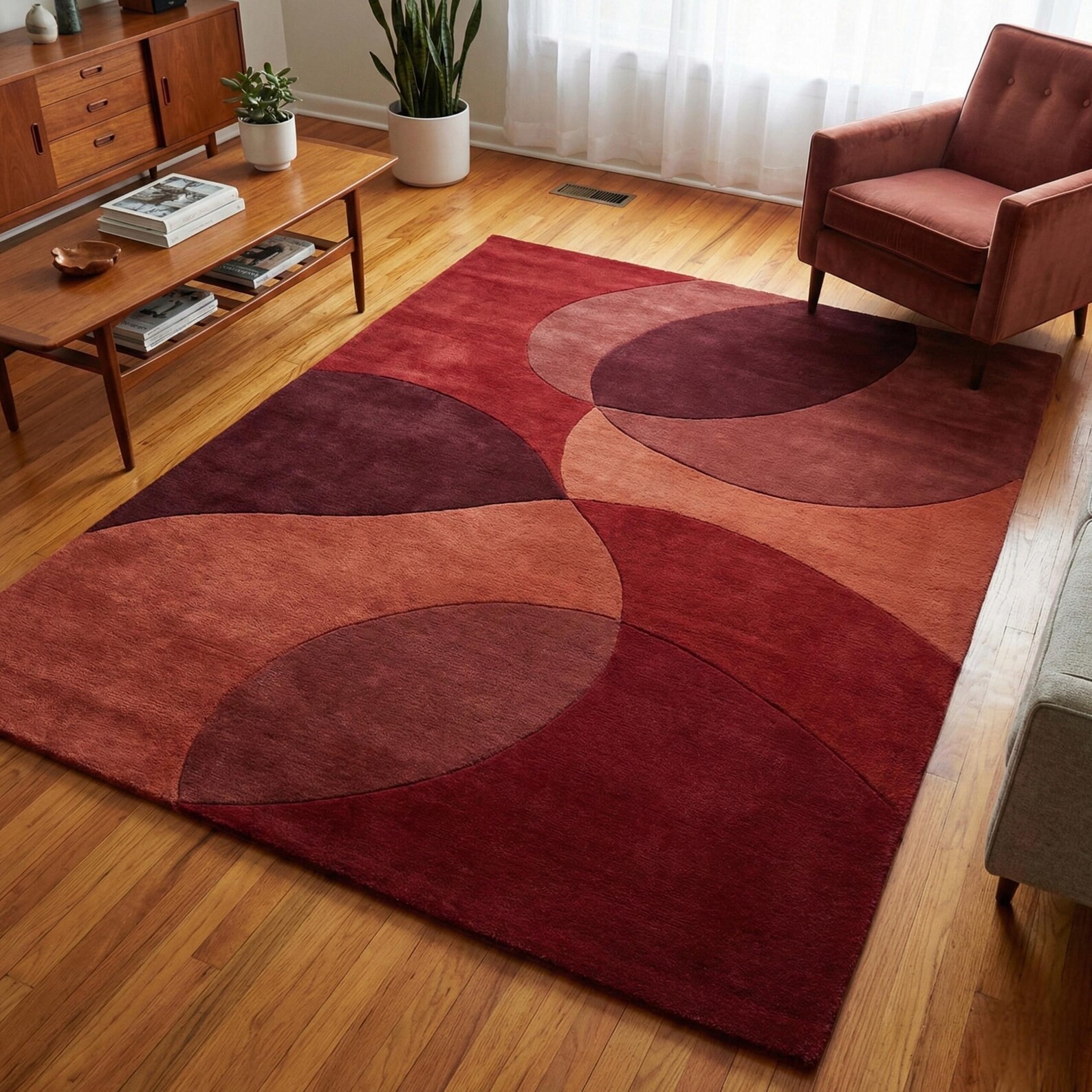 Rust Abstract Rug, Modern Geometric Area Rug, Hand Tufted Wool Carpet, Contempor