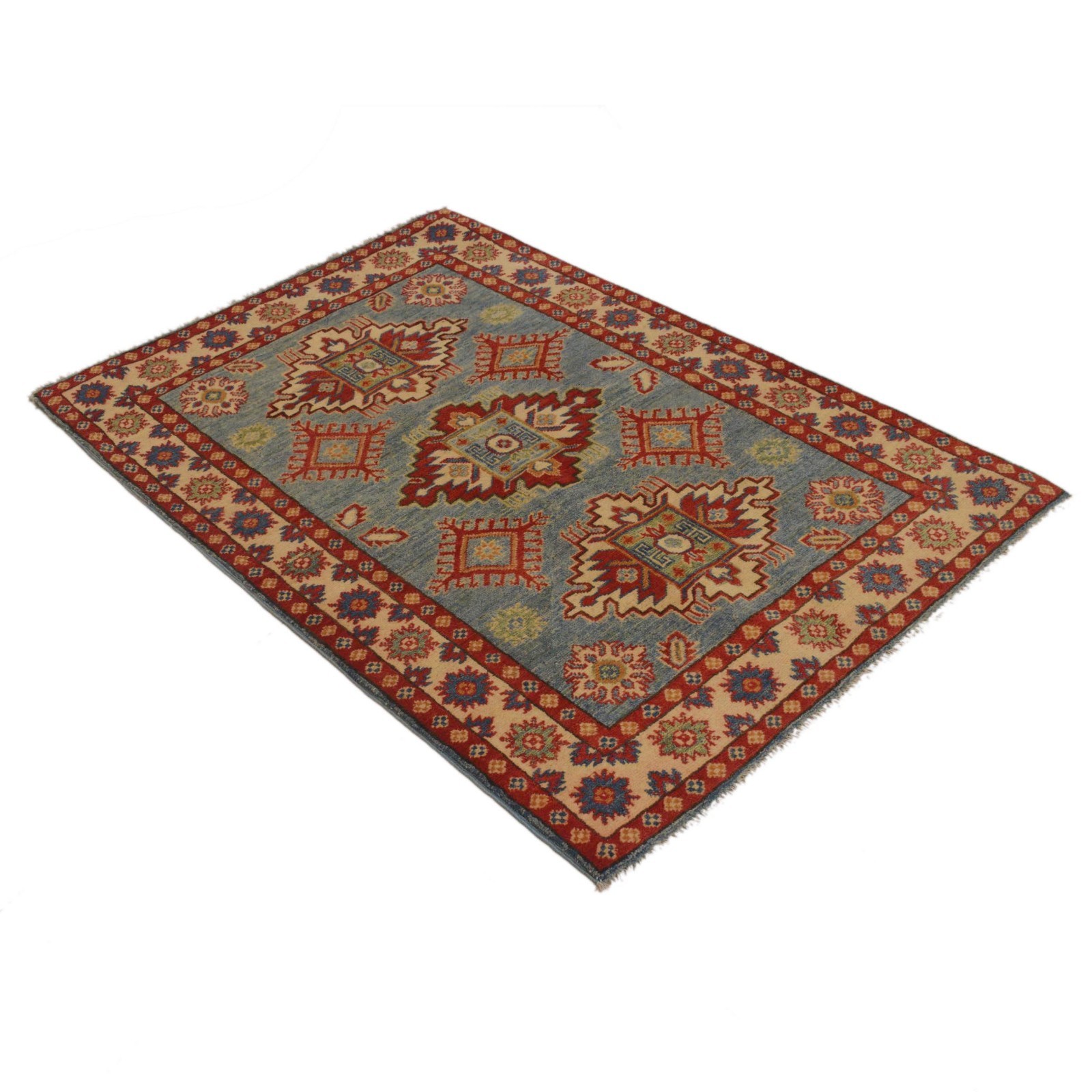 Hand-Knotted Customary Kazak Area Rug Oriental Afghan Carpet (3’4×4’10ft) B34665
