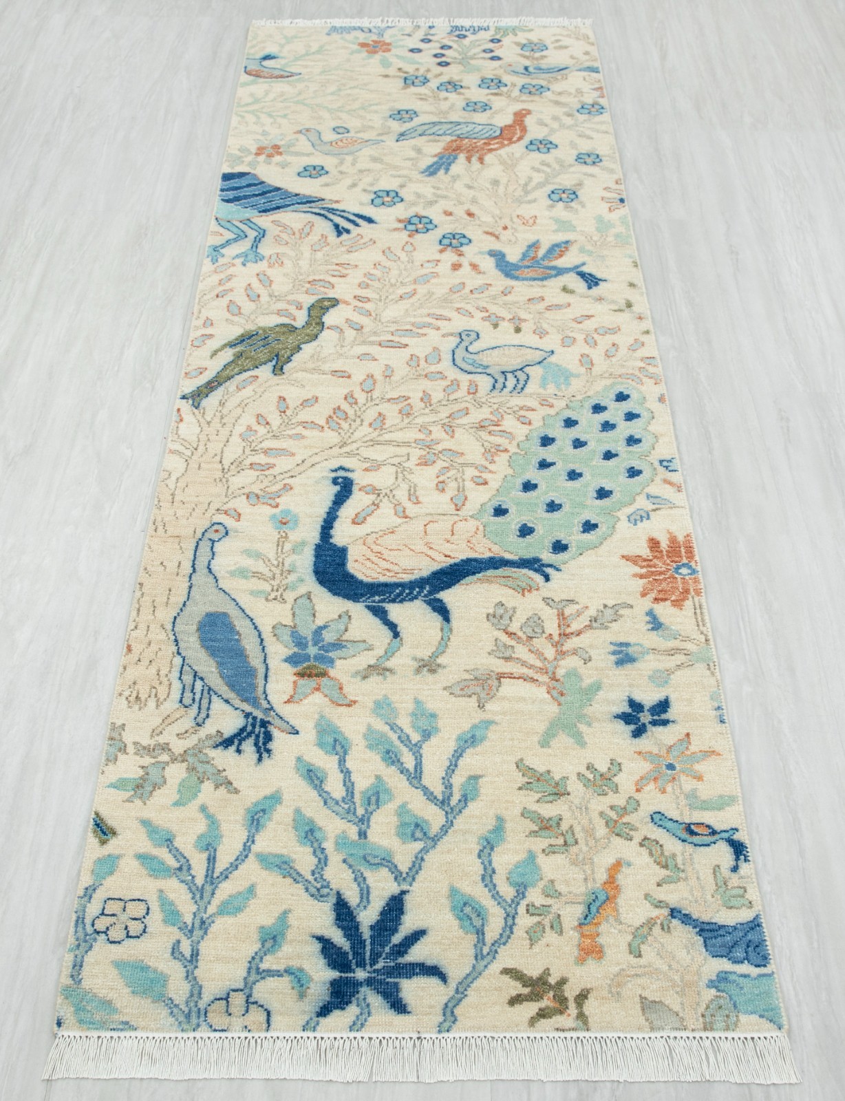 2.6×8 Ft Ivory Birds Garden View Pure Wool Handmade Runner Rug / Kitchen Rug