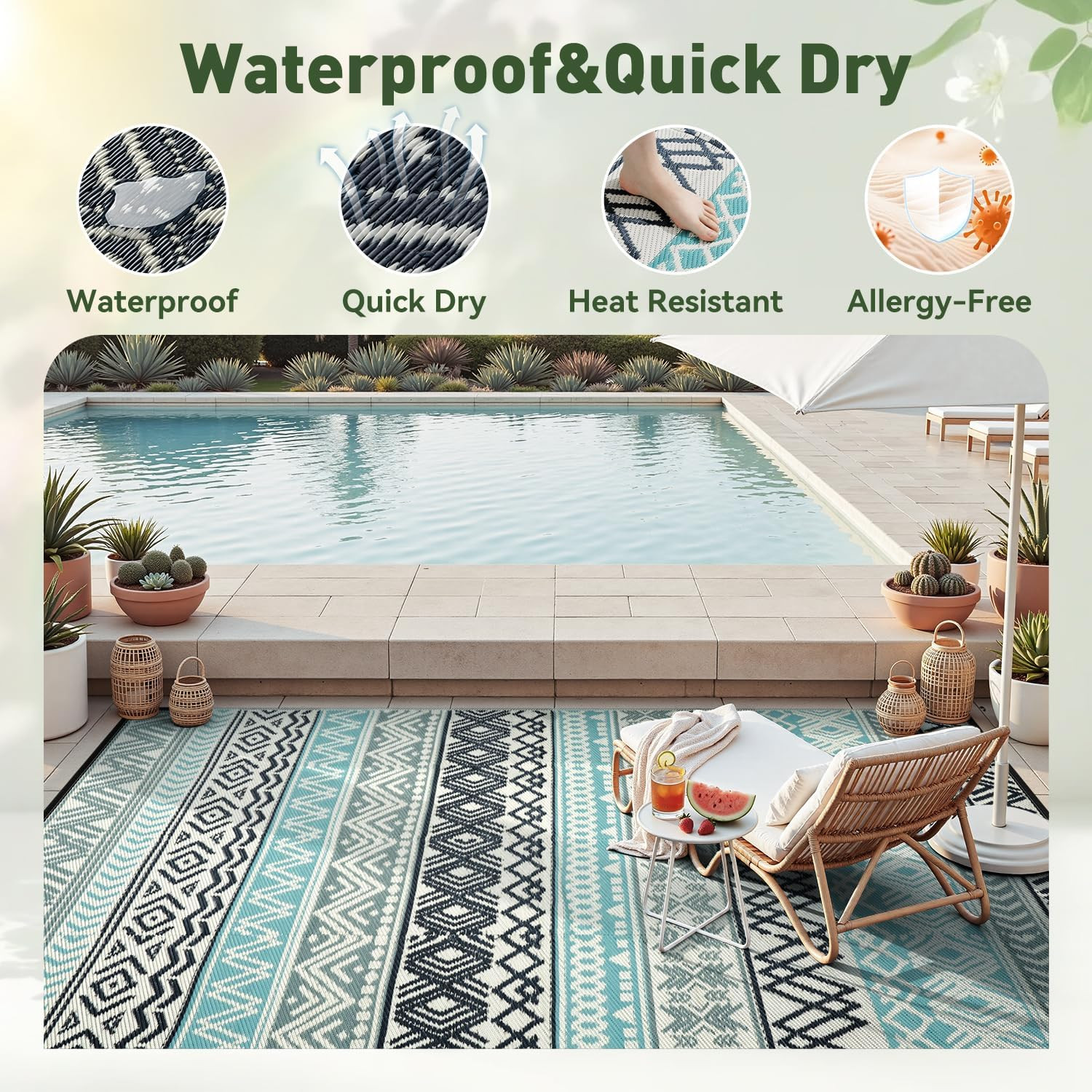 Montvoo Outdoor Rug Carpet Waterproof-Patio Rug Mat 5X8 Reversible RV Outdoor Ca