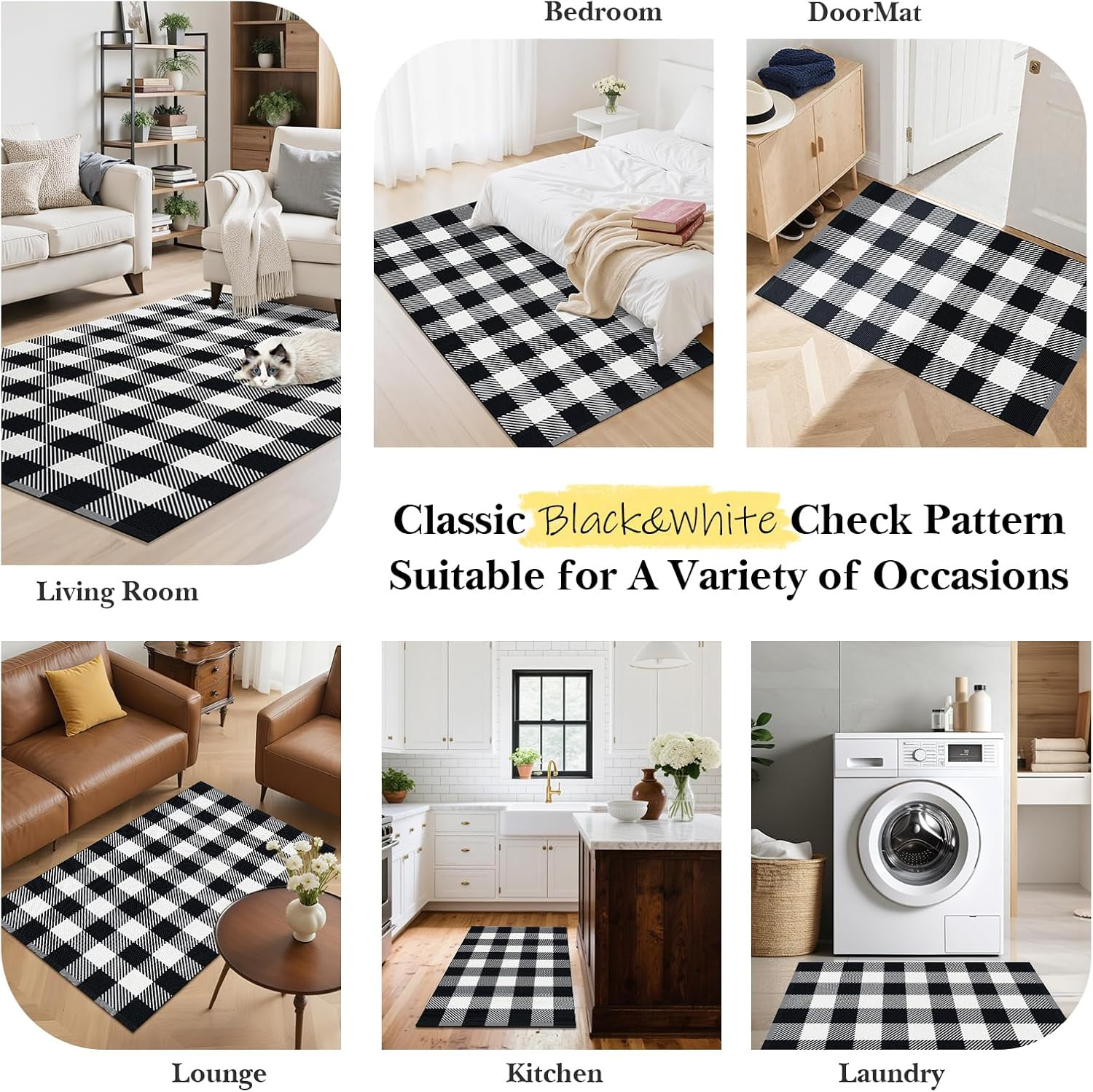 Area Rug, 3’ X 5’ Black and White Checkered Rug Plaid Outdoor Rugs, Soft