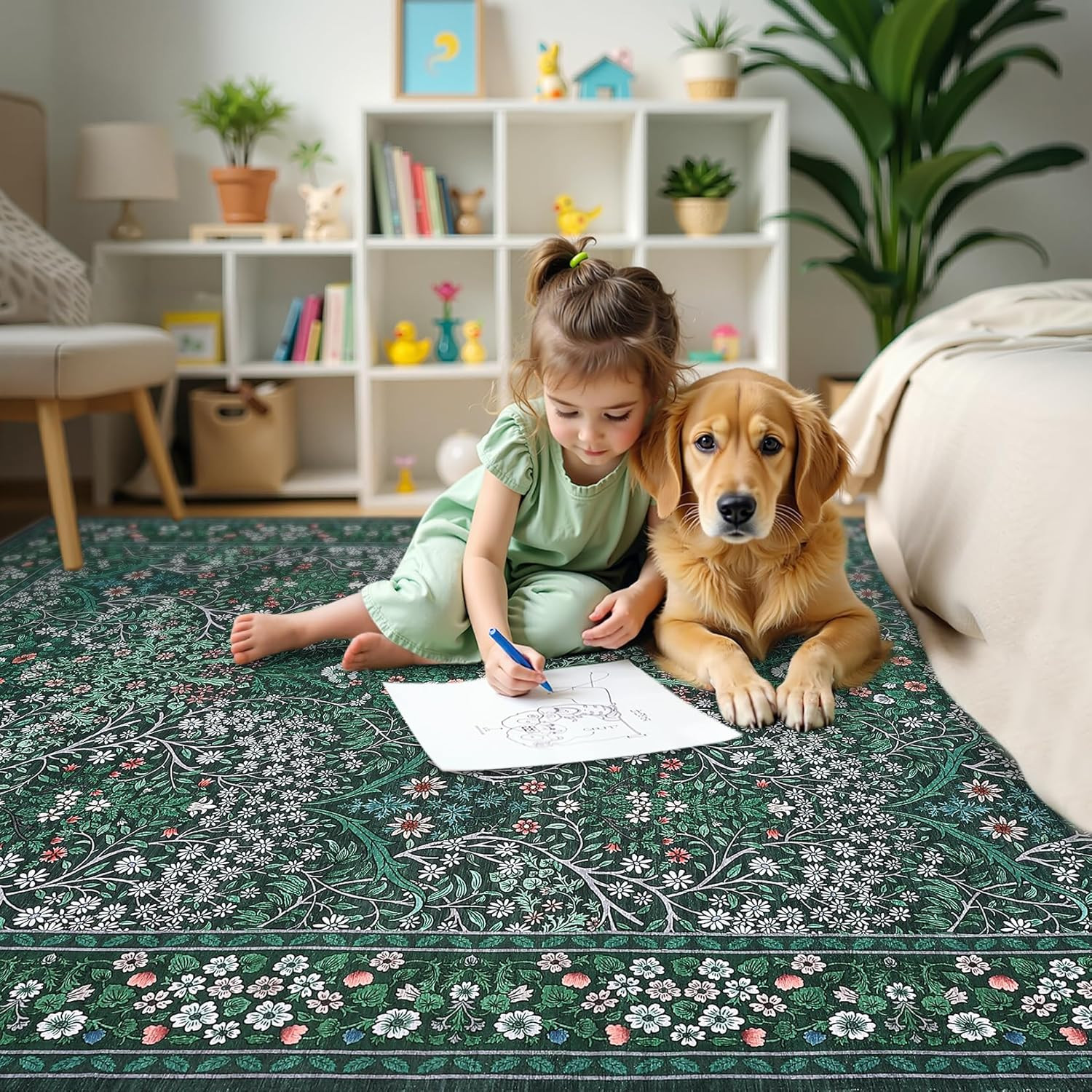 Area Rug 8X10, Easy to Clean Machine Washable Non-Slip Low-Pile Vintage Floral L