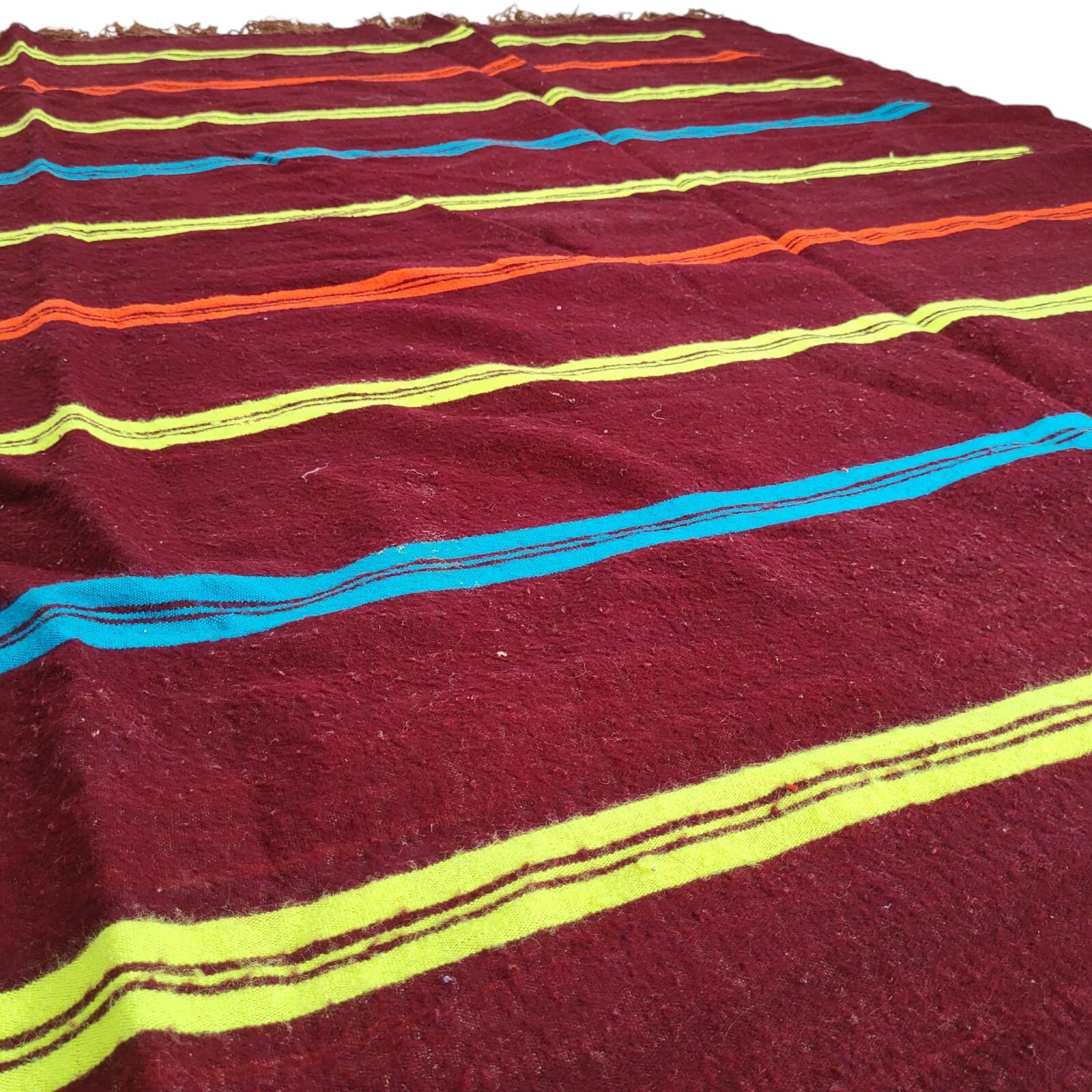 Vibrant Handmade Moroccan Rug Orange Blue Bands Yellow Berber Fringe Wool Carpet